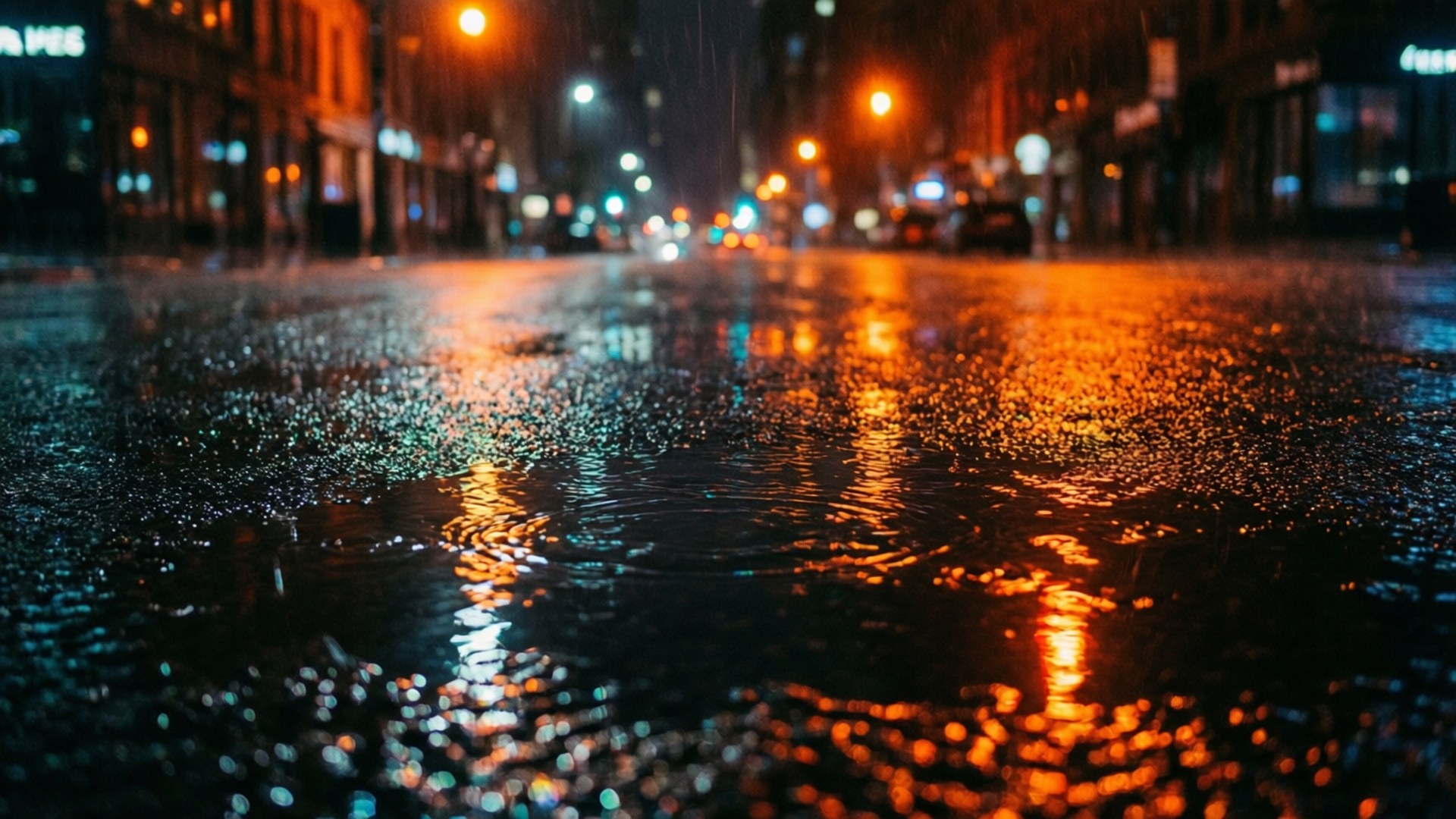 Wet Reflections 壁紙 — 雨滴在夜晚濕漉漉的城市街道上泛起漣漪，反射出溫暖的橙色和涼爽的藍色街燈。