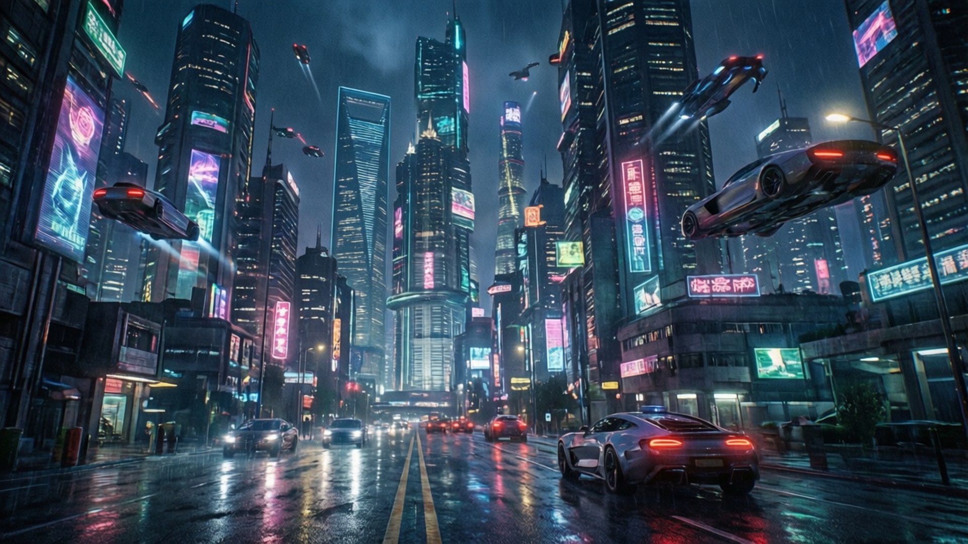 Neon Metropolis Night 壁紙 — 雨濕的霓虹燈科幻城市街道，有飛車和高聳的摩天大樓在黑暗天空下發光。