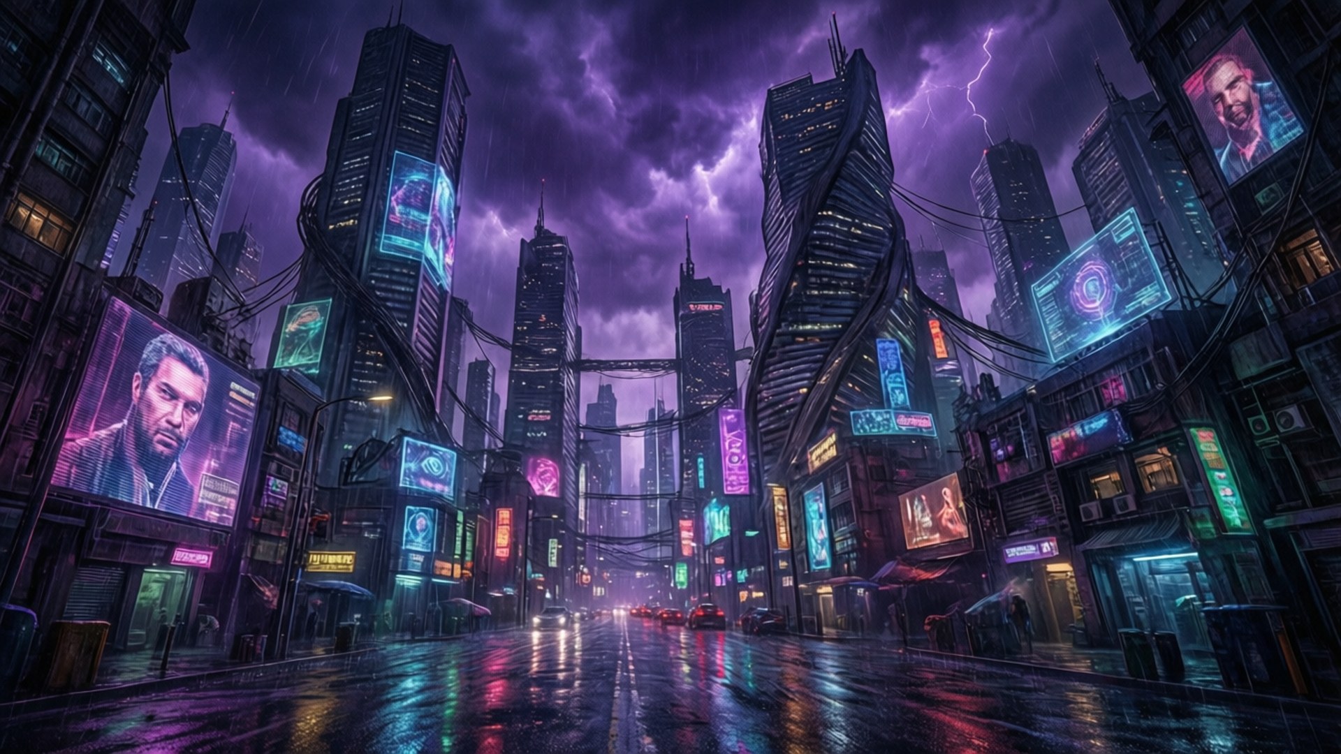 PagalWorld 桌布 壁紙 — 雨濕的賽博龐克城市街道，夜晚，霓虹燈照亮的高樓大廈，閃電劃過紫色暴風雨天空。