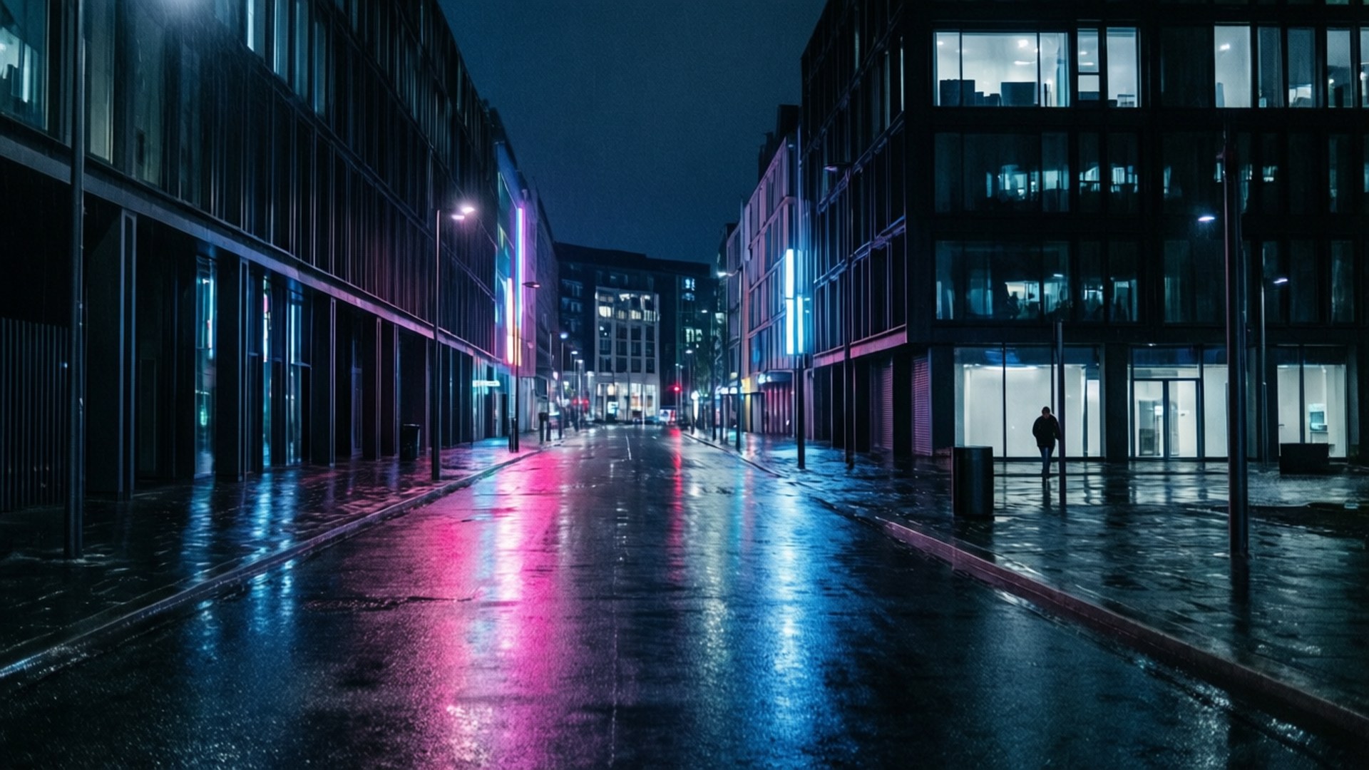 Neon City Street Night 壁紙 — 雨濕的都市街道在夜晚反射現代建築鮮豔的粉紅和藍色霓虹燈光。