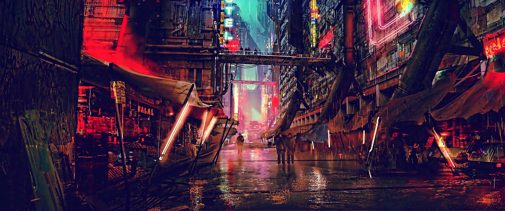 未來城市小巷在夜雨中閃爍著霓虹燈光。 — 3440X1440 壁紙
