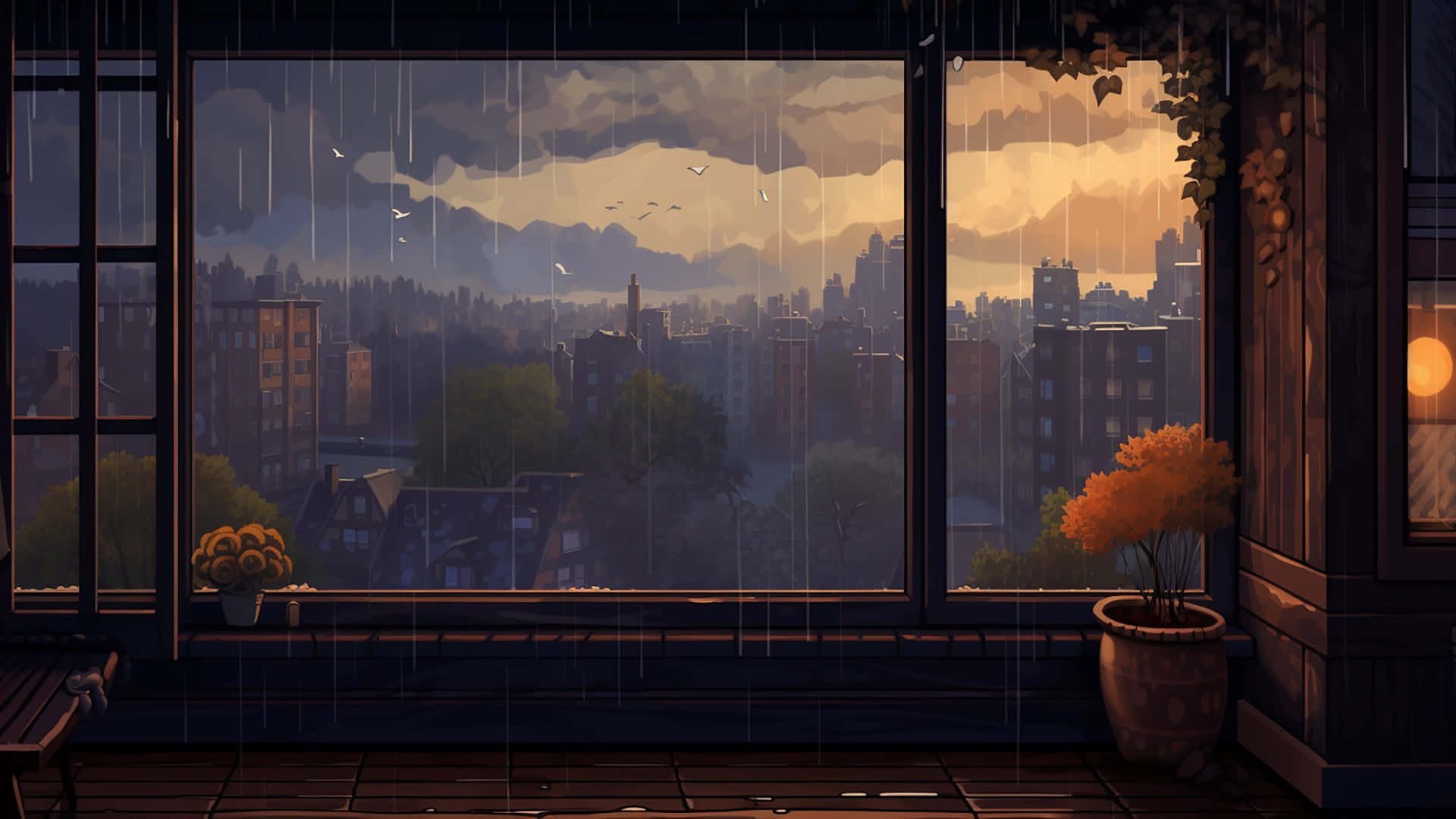 壁紙 — 雨水沿著窗戶流下，窗框映出霧氣籠罩的城市景觀，金色夕陽下，盆栽植物在室內溫暖地發光。