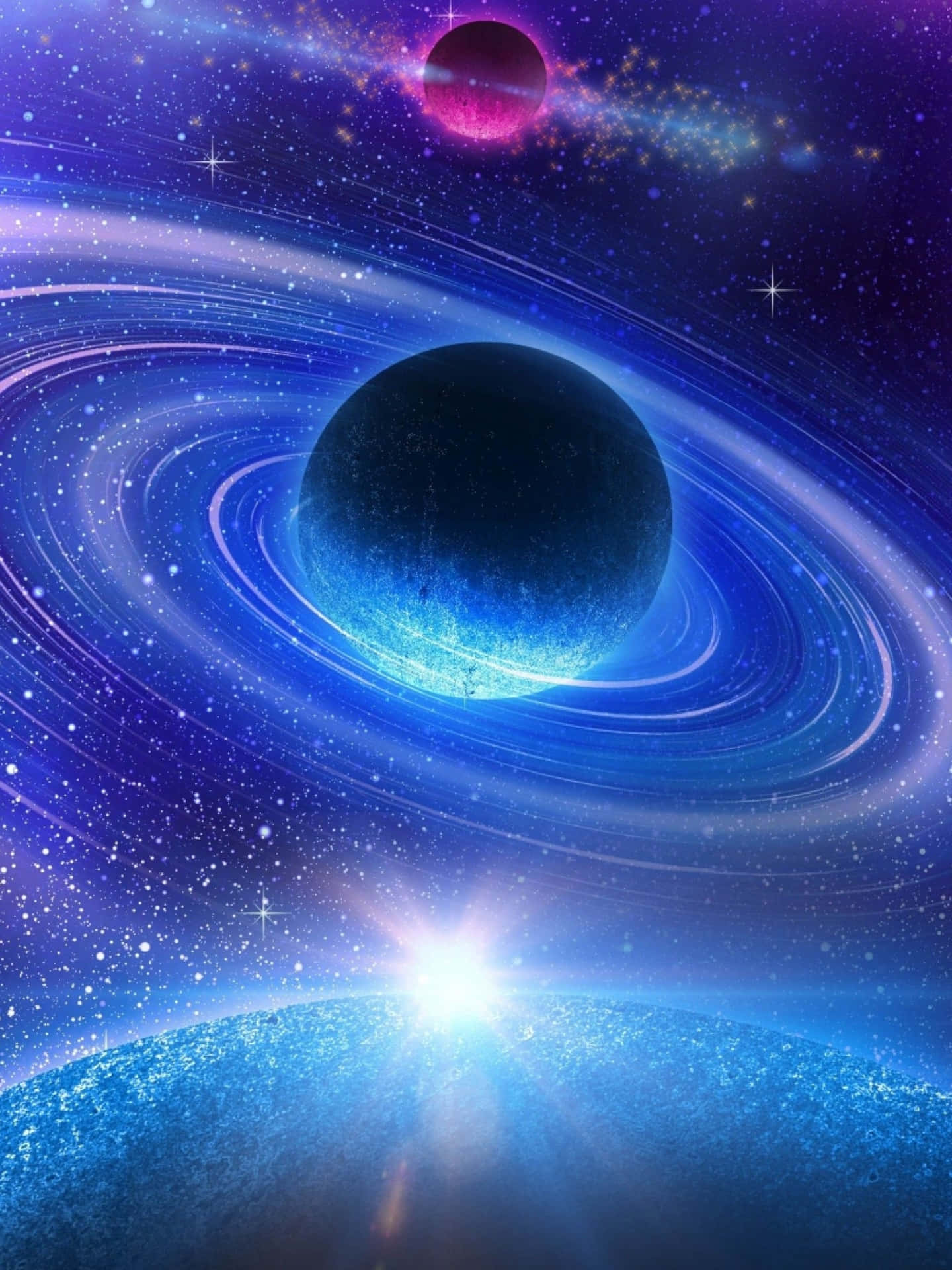  壁紙 — 一個宇宙場景，包含一顆帶有光環的藍色發光行星、一顆遙遠的粉紅色行星，以及在一片繁星點點的紫色天空中出現的明亮星爆。