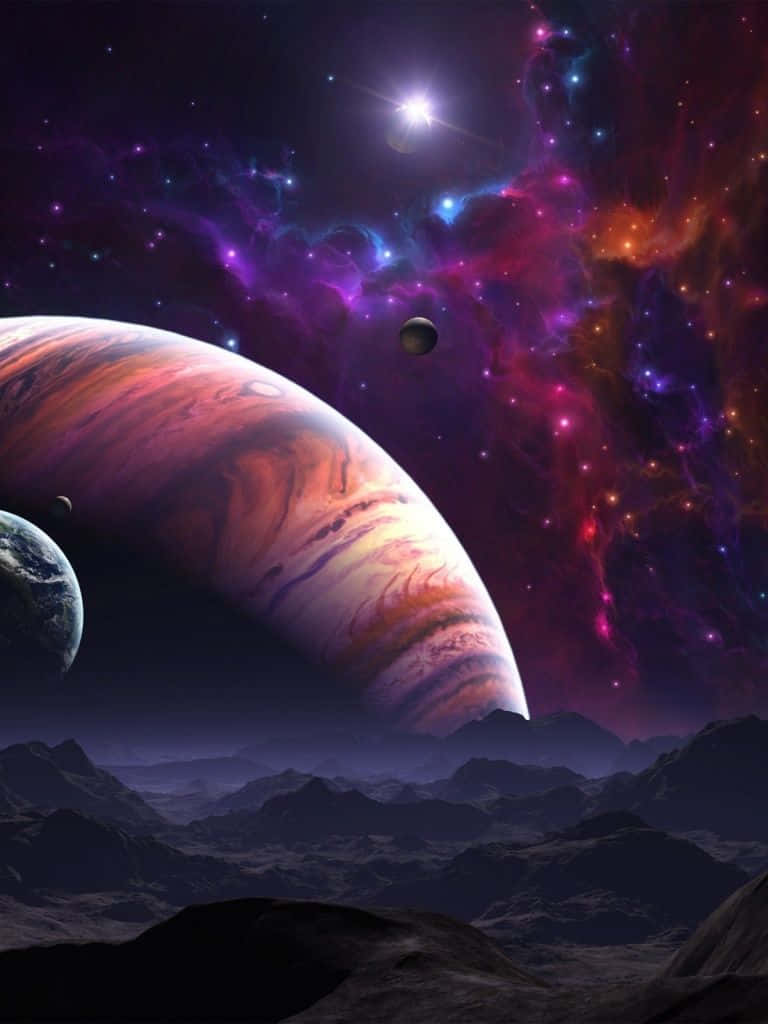 外星山脈仰望深空中一顆巨大的行星和色彩繽紛的星雲。 — iPad 壁紙