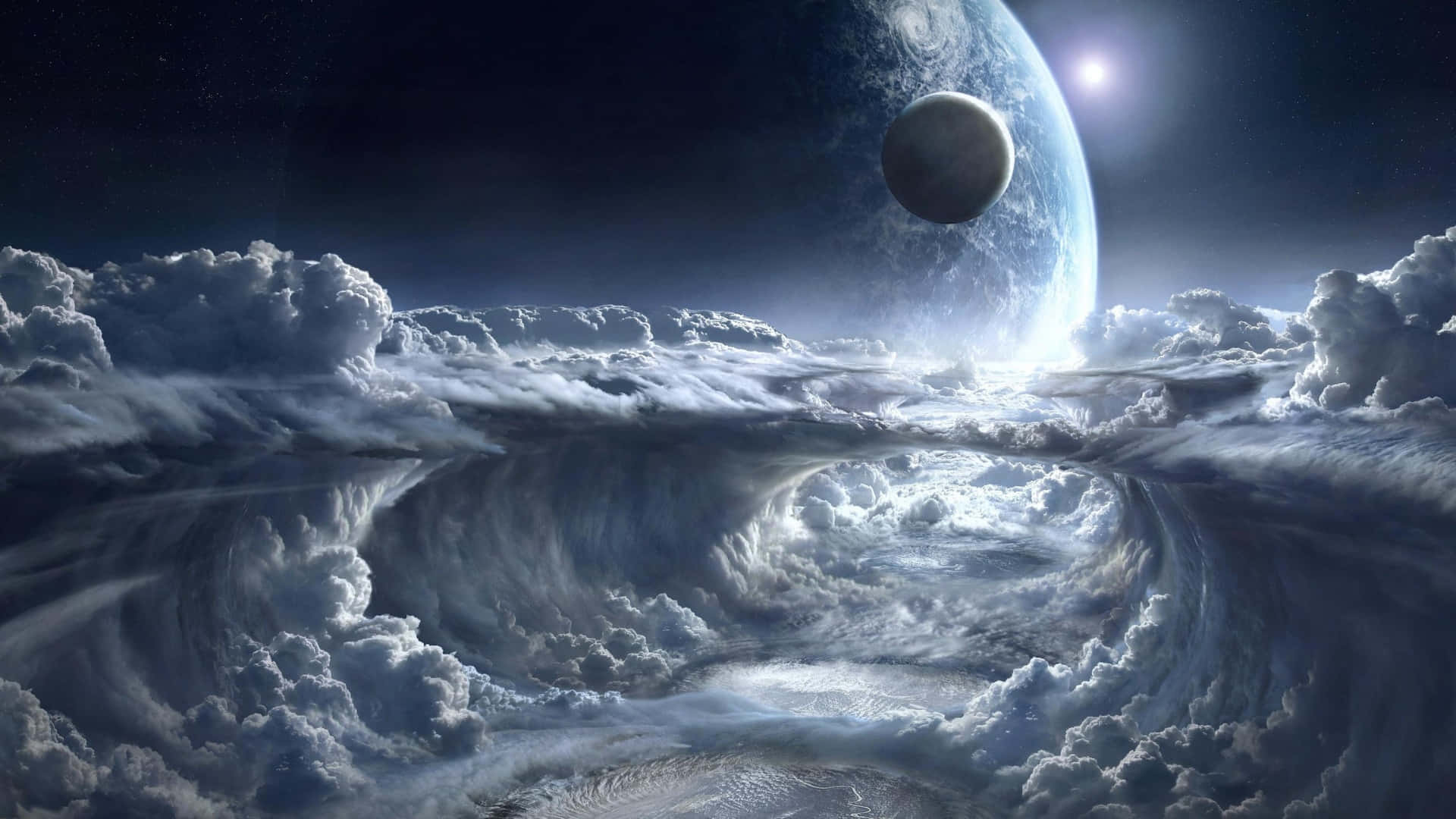  壁紙 — 宇宙景觀展現出在繁星點點的天空下，一顆發光的行星和月亮下方有旋轉的雲層。