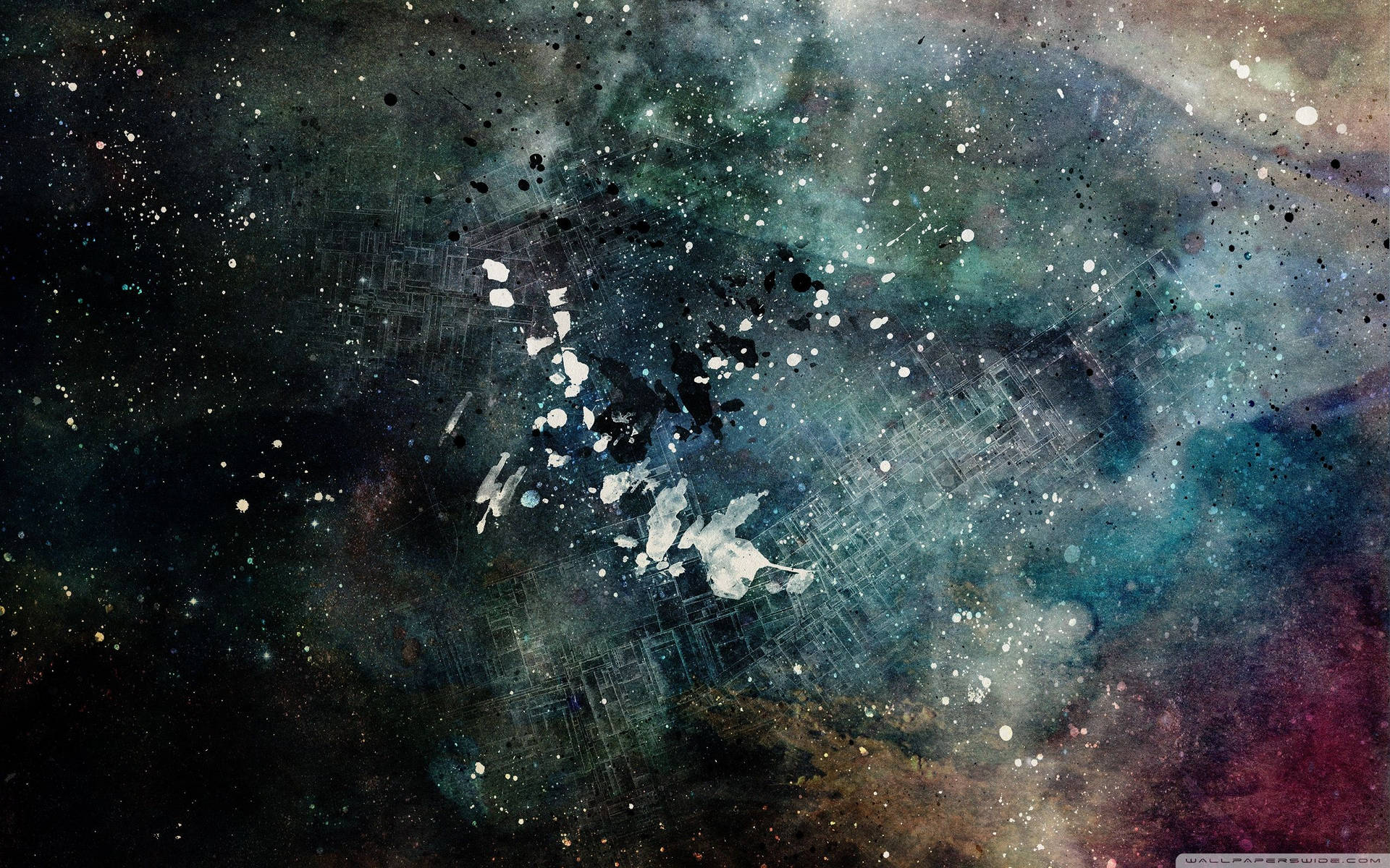 黑暗的宇宙星雲，帶有青紫色雲層和散落的星星，覆蓋著白色油漆飛濺。 — 抽象 壁紙