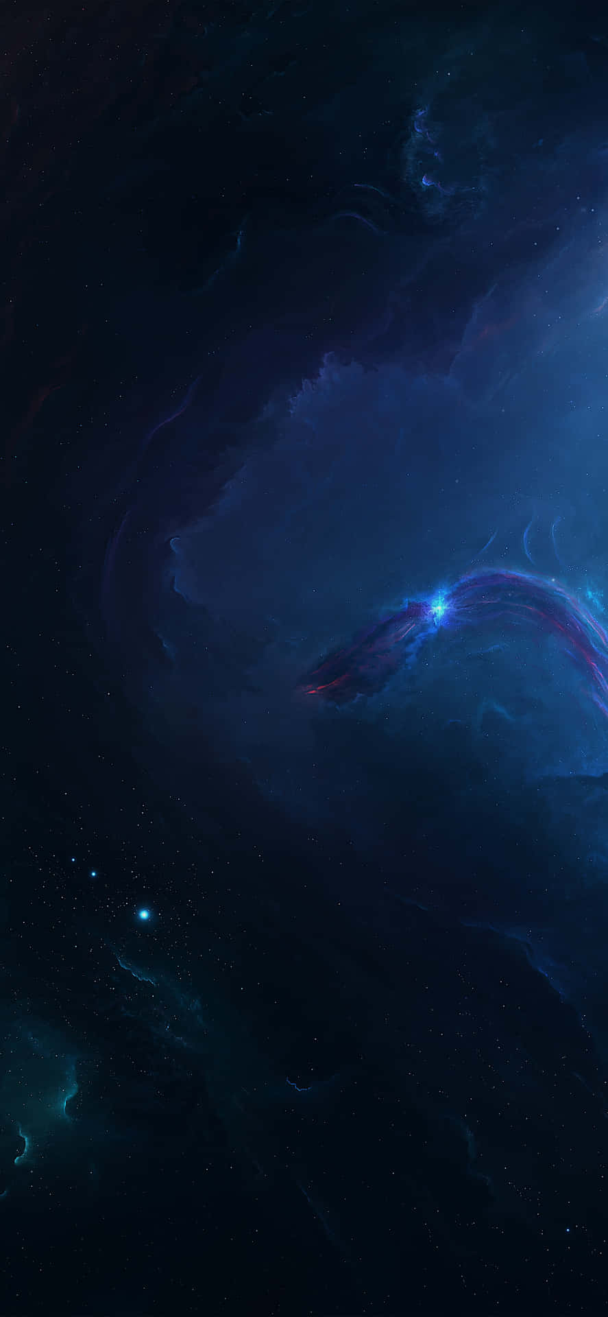  壁紙 — 宇宙星雲在深藍和紫色中旋轉，閃爍的星星襯托著黑暗虛空。