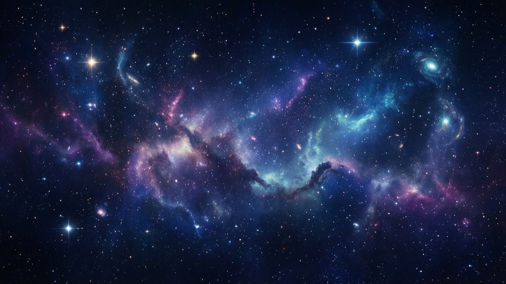 Cosmic Nebula Deep Space 壁紙 — 宇宙星雲在星空背景下旋轉，呈現鮮豔的藍色、紫色和粉紅色。