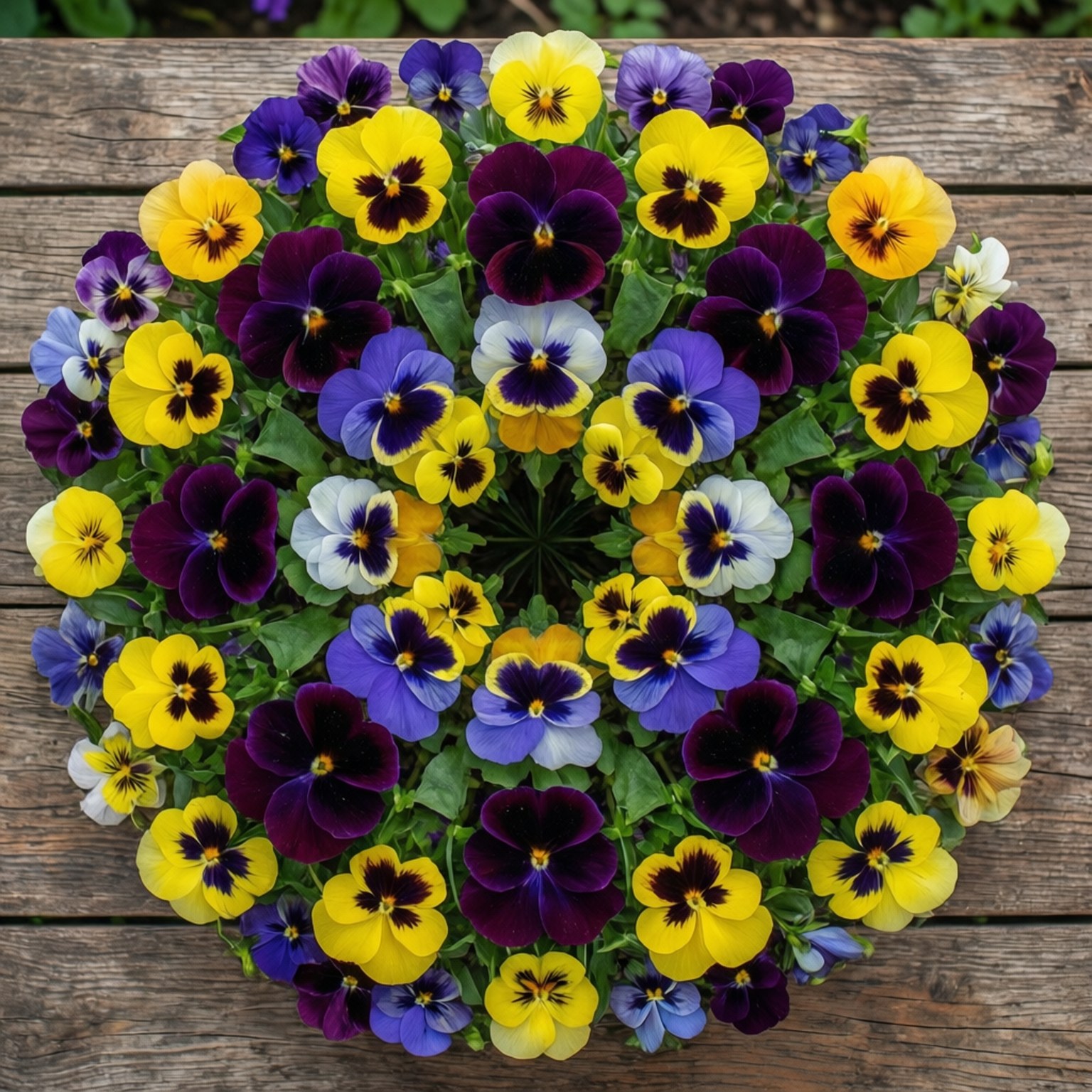 Pansy Mandala Pattern 壁紙 — 一個充滿活力的圓形排列，由黃色、紫色和白色的三色堇組成，帶有深色中心，放置在風化的木質表面上。