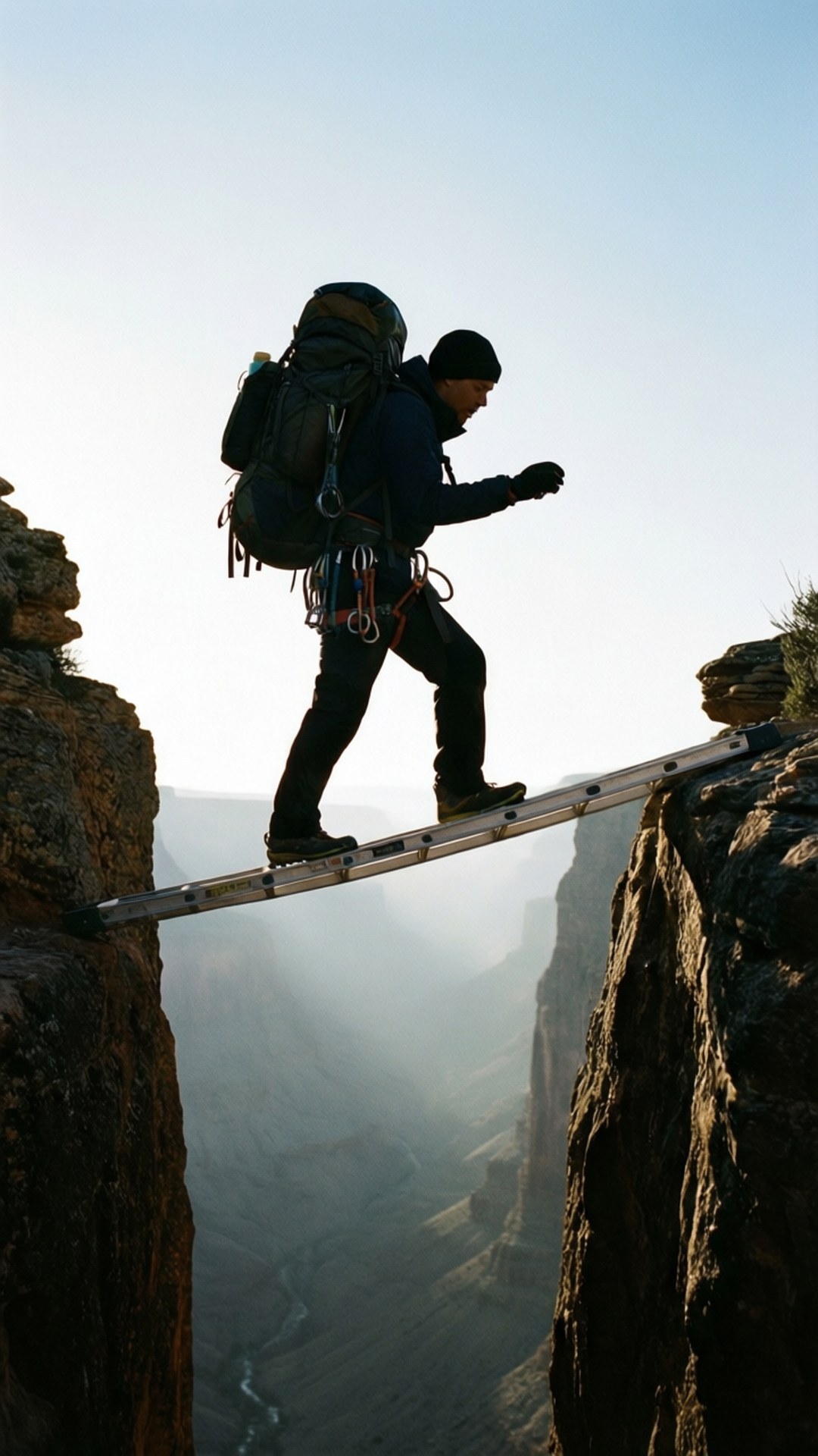 Sam Ladder Over Chasm 壁紙 — 一位背著大背包的遠足者，在日出時小心翼翼地走過橫跨深峽谷的金屬梯子。