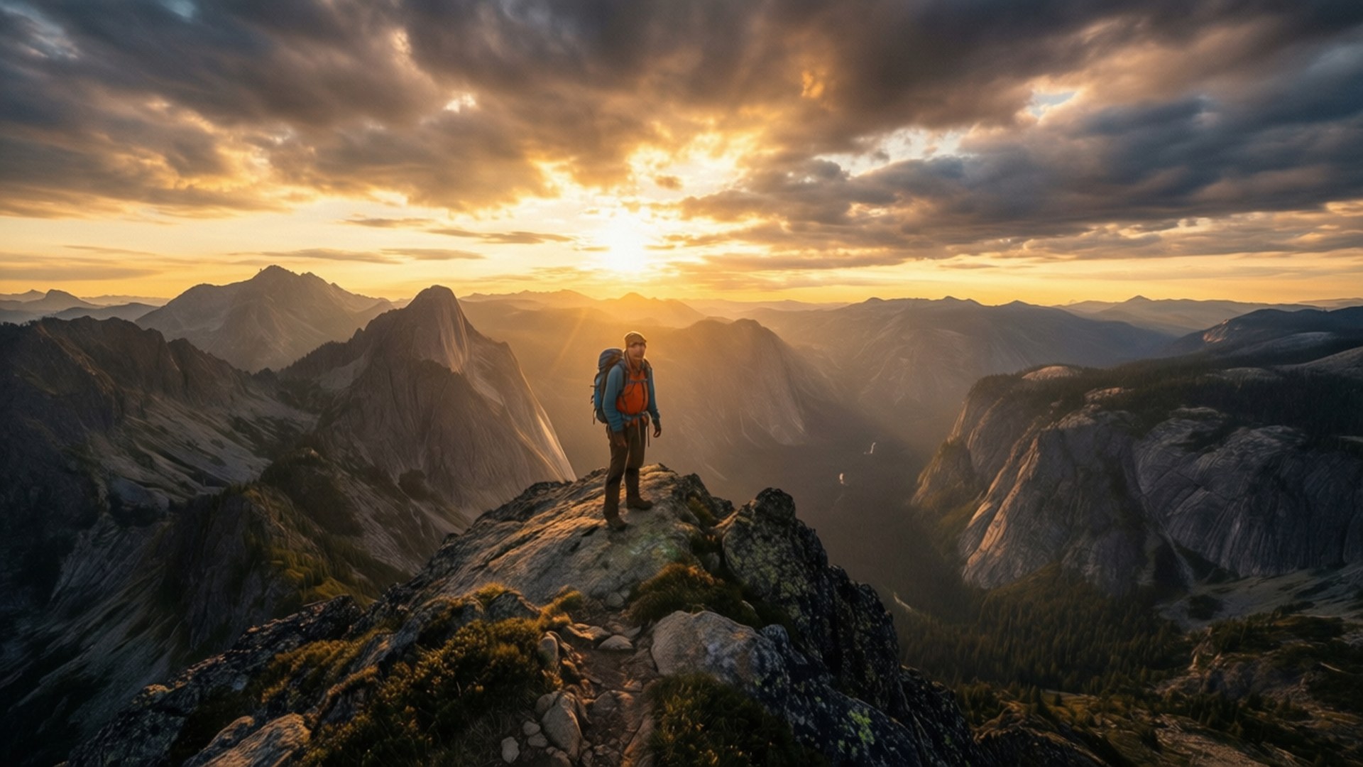 Summit Sunrise 壁紙 — 一名遠足者站在岩石山頂上，在日出時俯瞰廣闊的山谷，層層疊疊的山峰沐浴在金色的陽光中。