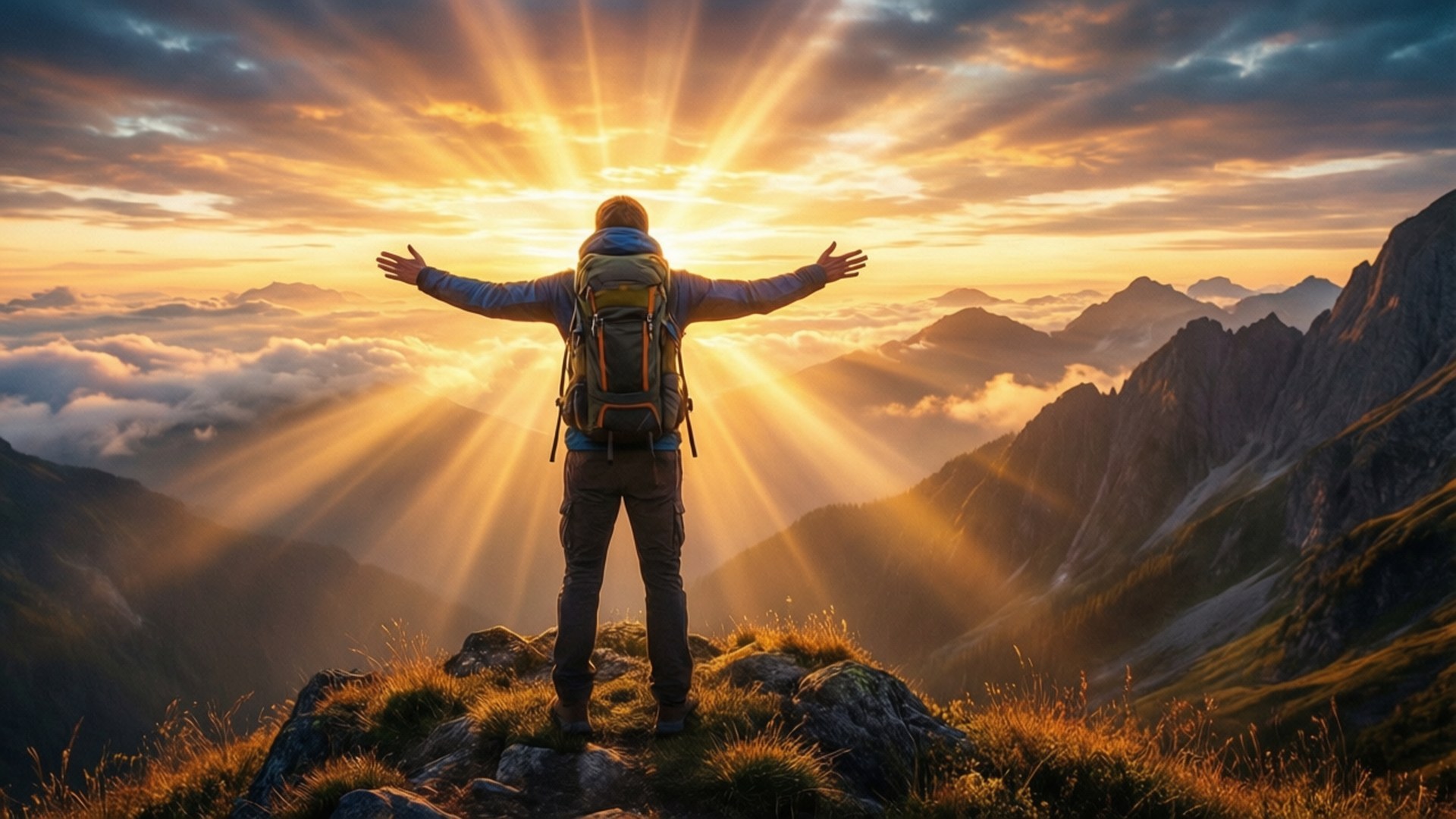 Summit of Success 壁紙 — 一名遠足者張開雙臂站在山頂，金色陽光穿過雲層，照耀在霧氣瀰漫的山谷之海上。