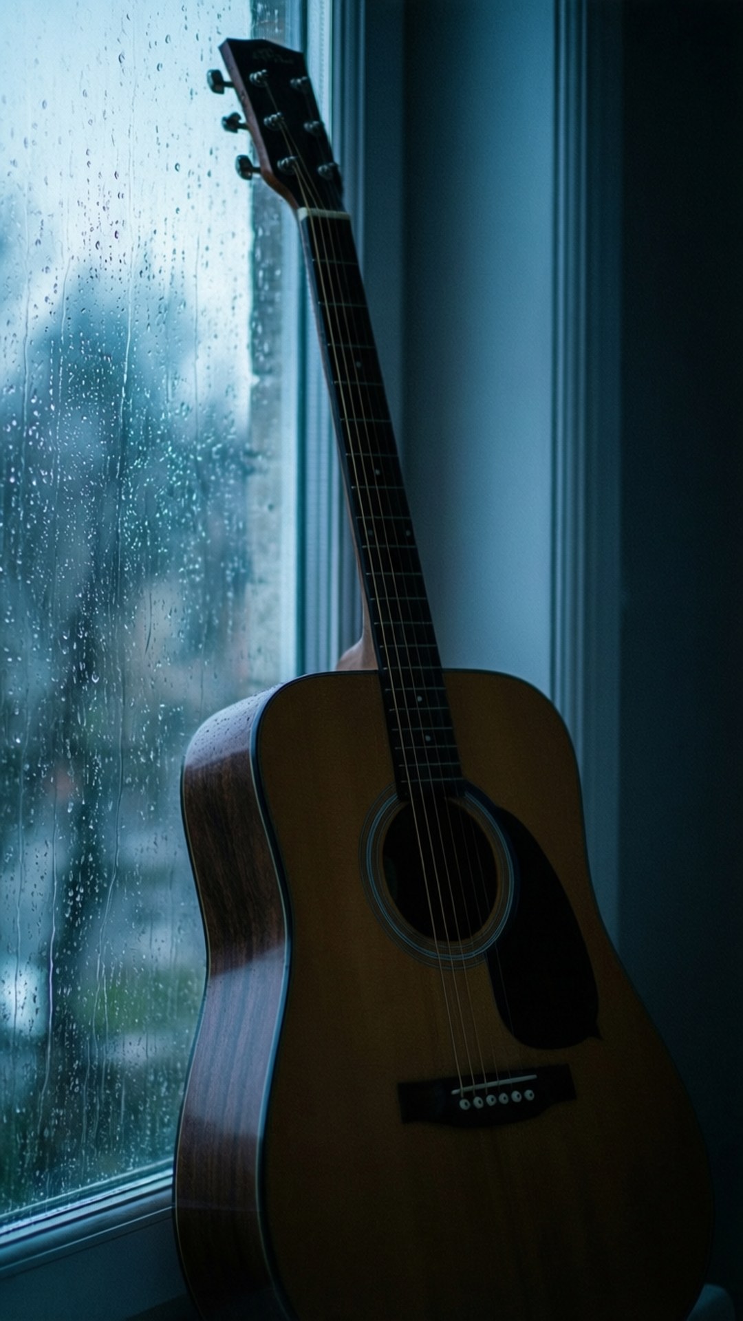 Rainy Day Guitar 壁紙 — 一把原聲吉他靠在雨痕斑斑的窗戶上，房間光線昏暗，帶有冷藍色調。