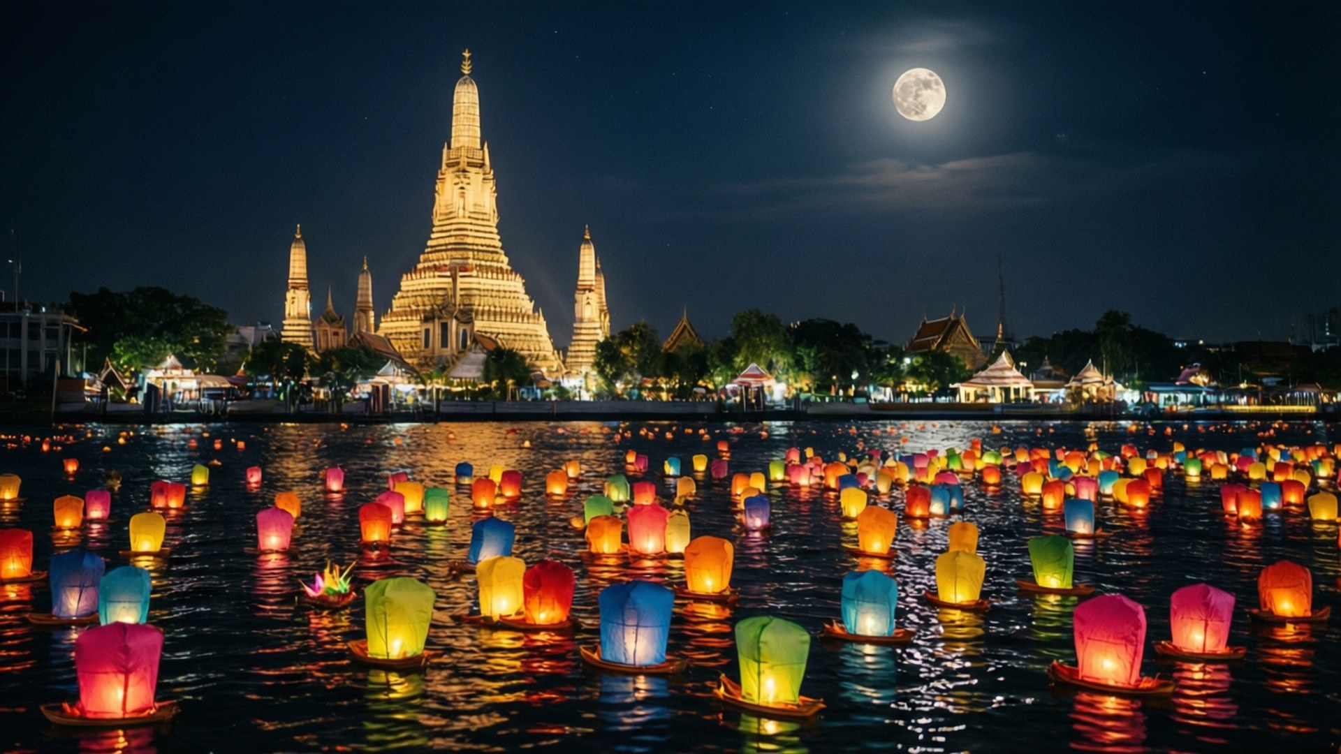 Loi Krathong Lights 壁紙 — 月光下的夜晚場景，Wat Arun 寺廟在充滿彩色漂浮燈籠的河流後方發光。