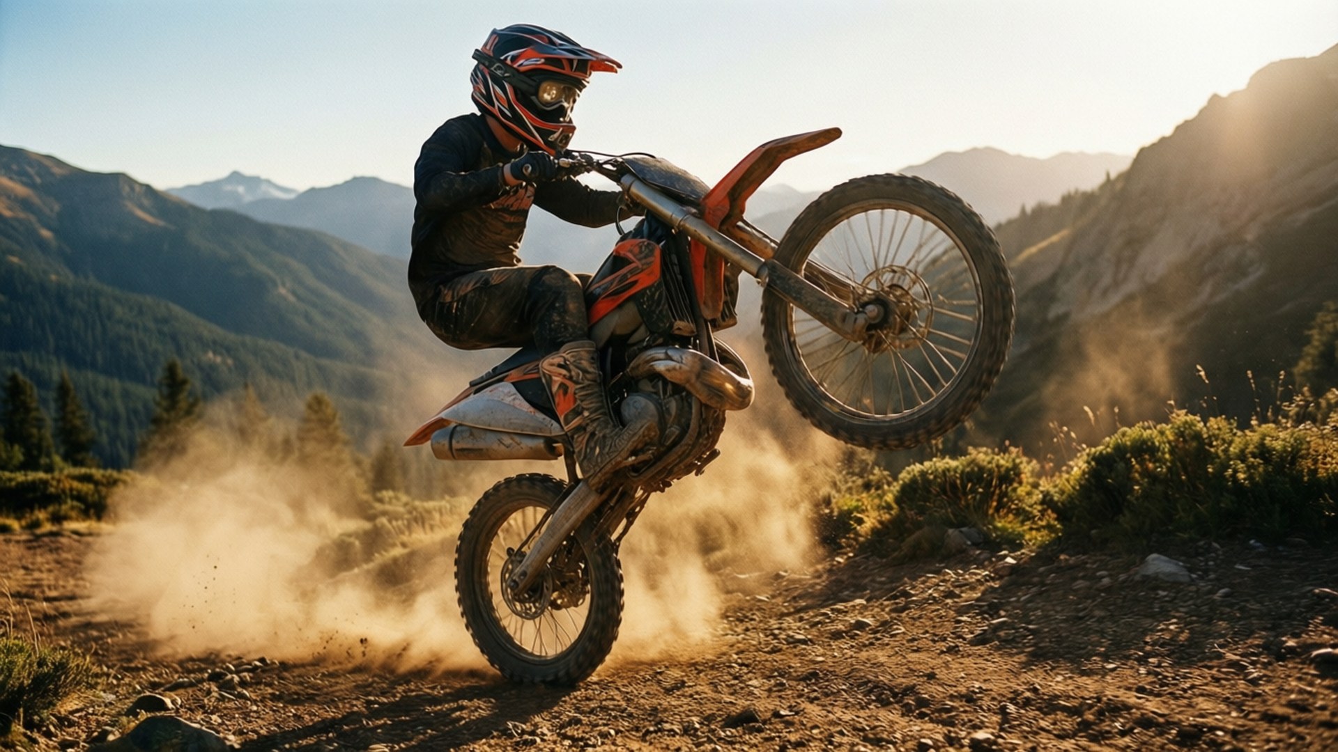 Mountain Wheelie 壁紙 — 一名身穿全套裝備的越野摩托車手在日落時分的山徑上，騎著橙色越野摩托車表演翹前輪，揚起塵土。