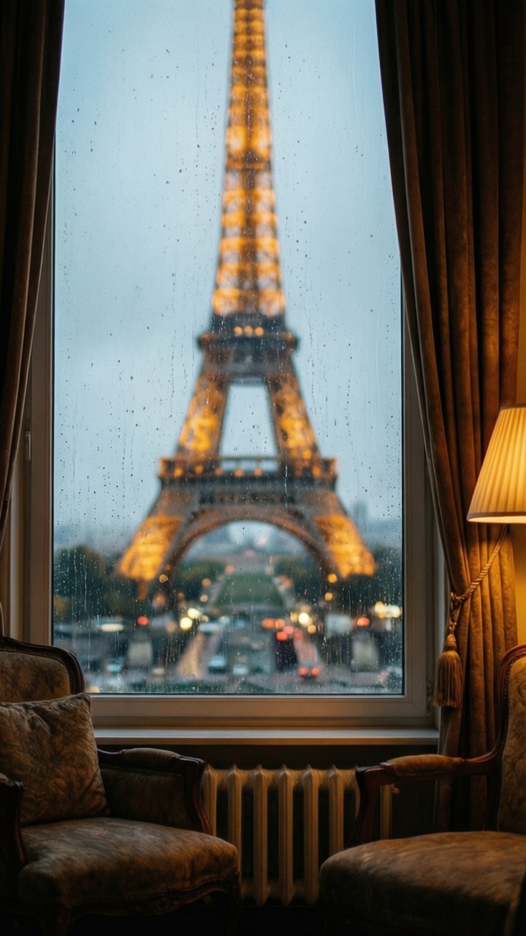 Rainy Window View 壁紙 — 雨水沿窗流下，從舒適的巴黎飯店房間框出黃昏時發光的艾菲爾鐵塔。