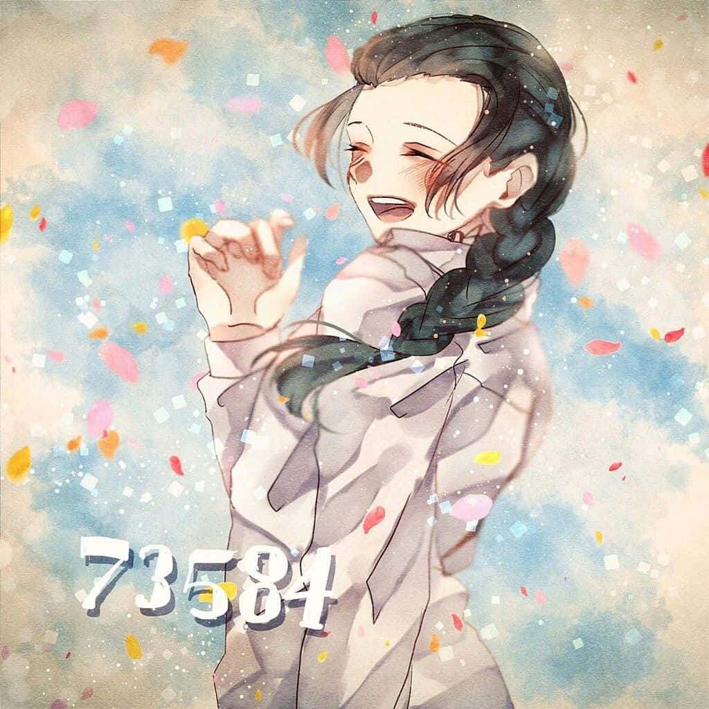 The Promised Neverland Isabella 桌布 壁紙 — 一個紮辮子的開心動漫女孩在柔和的藍天背景下，在飄落的彩色紙屑中大笑。