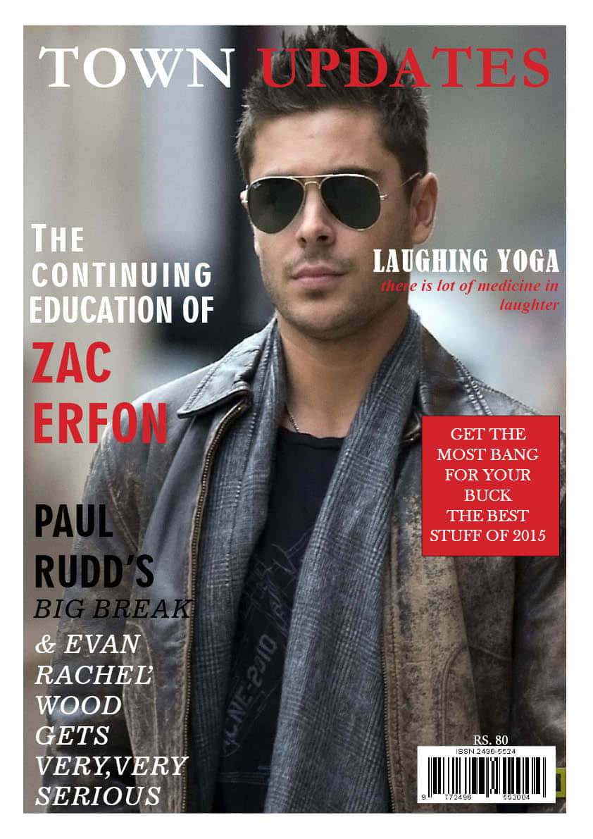 雜誌 桌布 壁紙 — Zac Efron 戴上飛行員太陽眼鏡和皮夾克，出現在雜誌封面上，帶有粗體標題和紅色文字框。