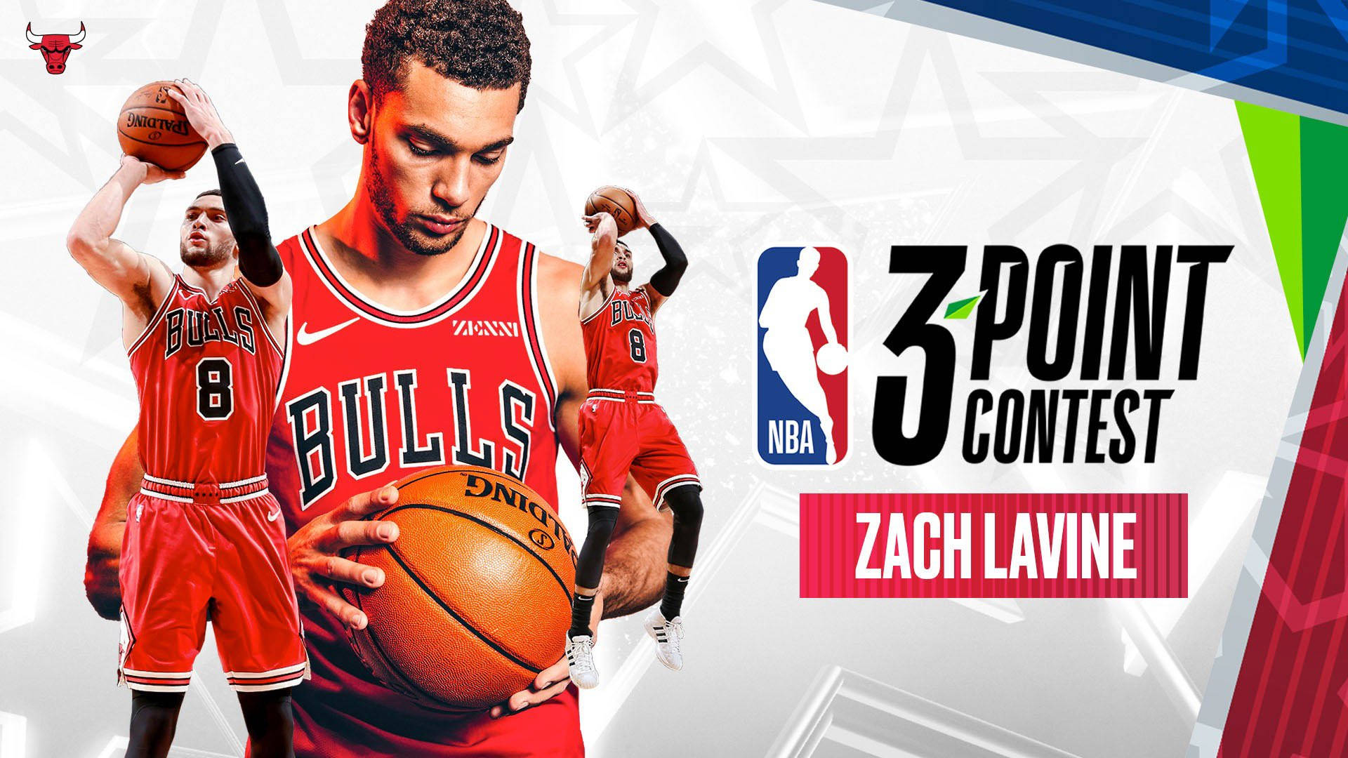 Zach 桌布 壁紙 — Zach Lavine 身穿芝加哥公牛隊紅色球衣，在動態幾何背景前手持籃球擺姿勢，宣傳NBA三分球大賽。