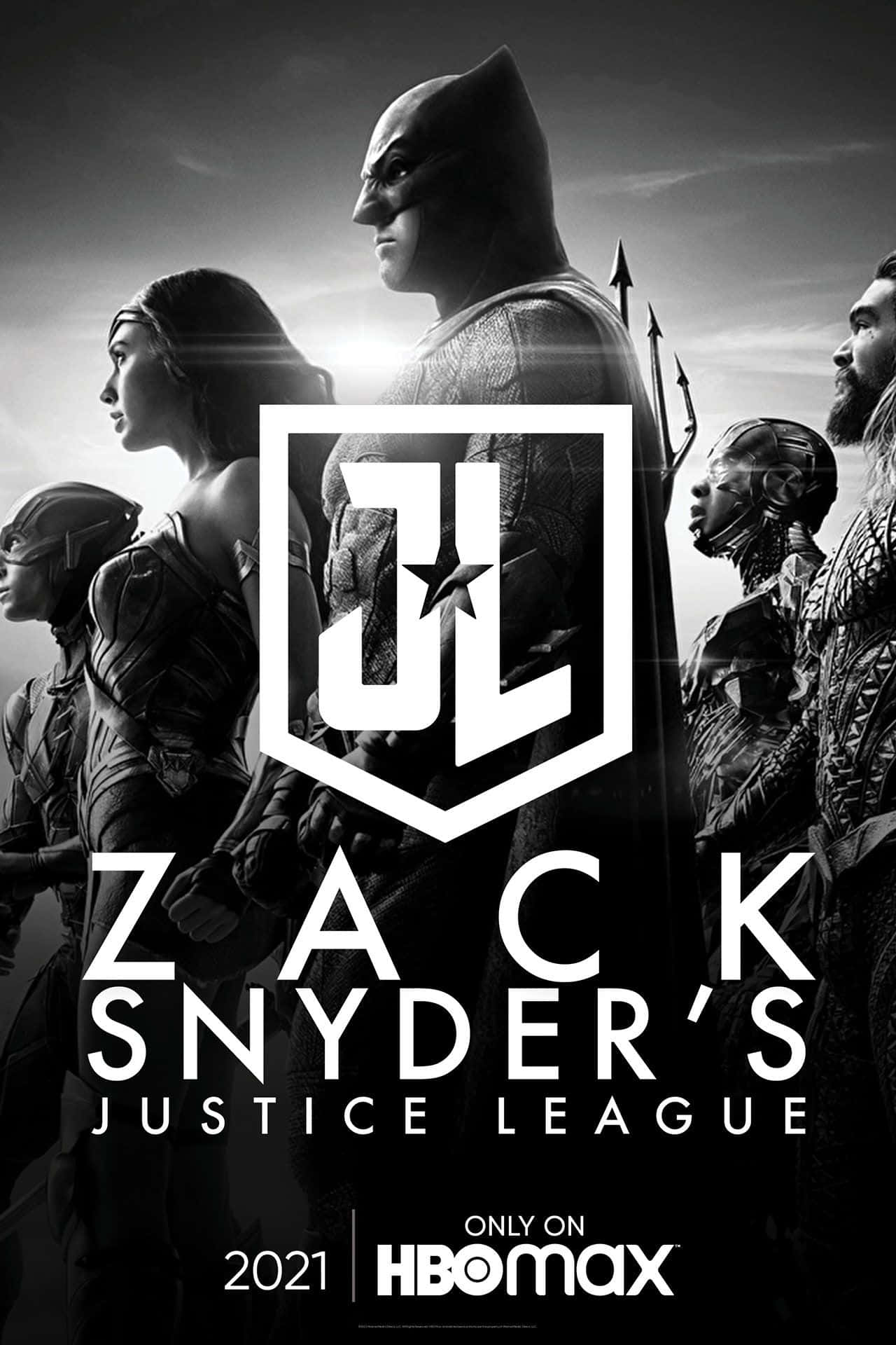Zack Snyders Justice League 桌布 壁紙 — Zack Snyder 的《正義聯盟》英雄在陰雲密布的天空下以戲劇性側面呈現的黑白海報。