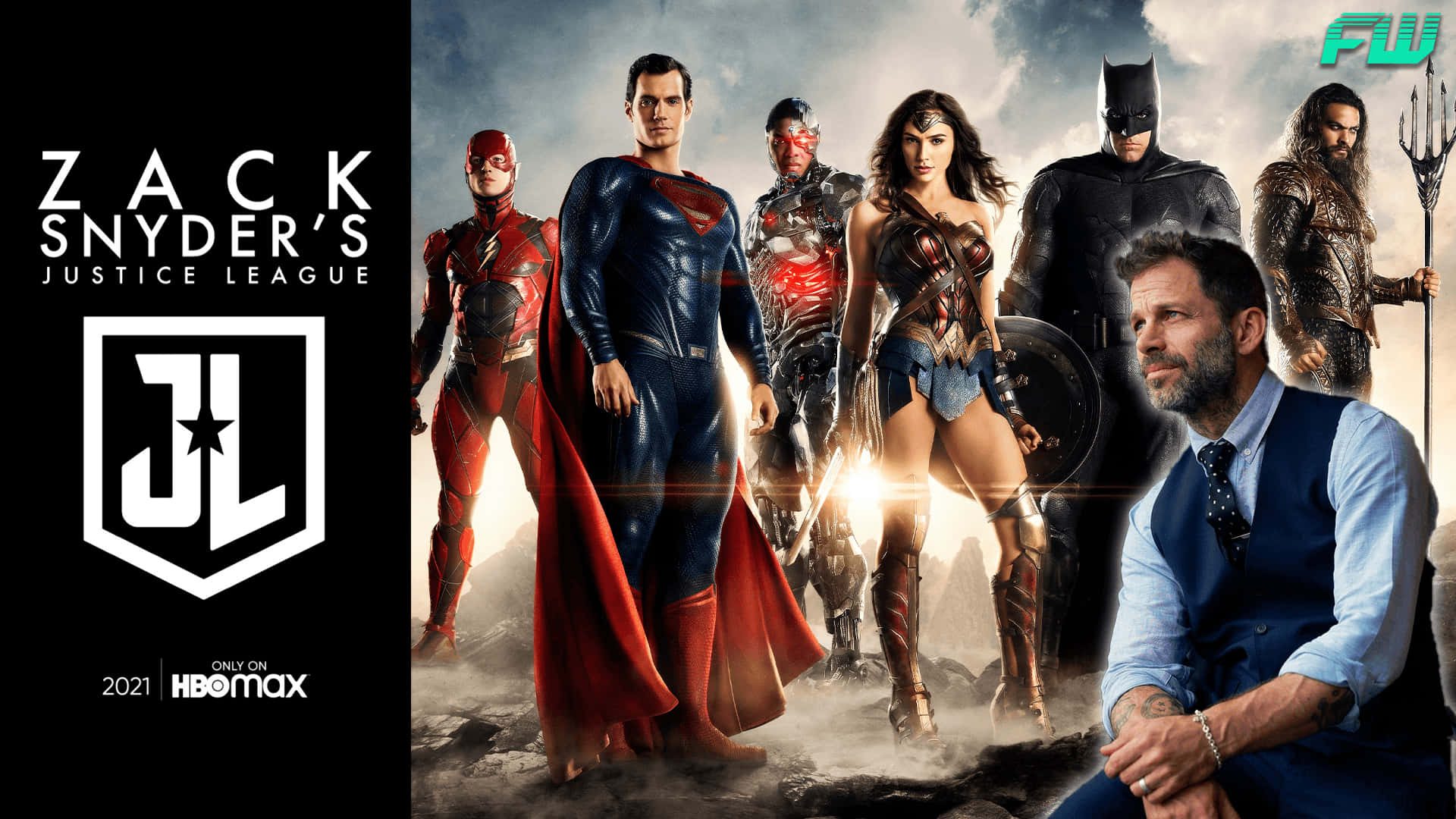 Zack Snyders Justice League 桌布 壁紙 — Zack Snyder's Justice League 海報， featuring 超人、神力女超人和蝙蝠俠等超級英雄在暴風雨的天空下英勇站立，Snyder 在前景。