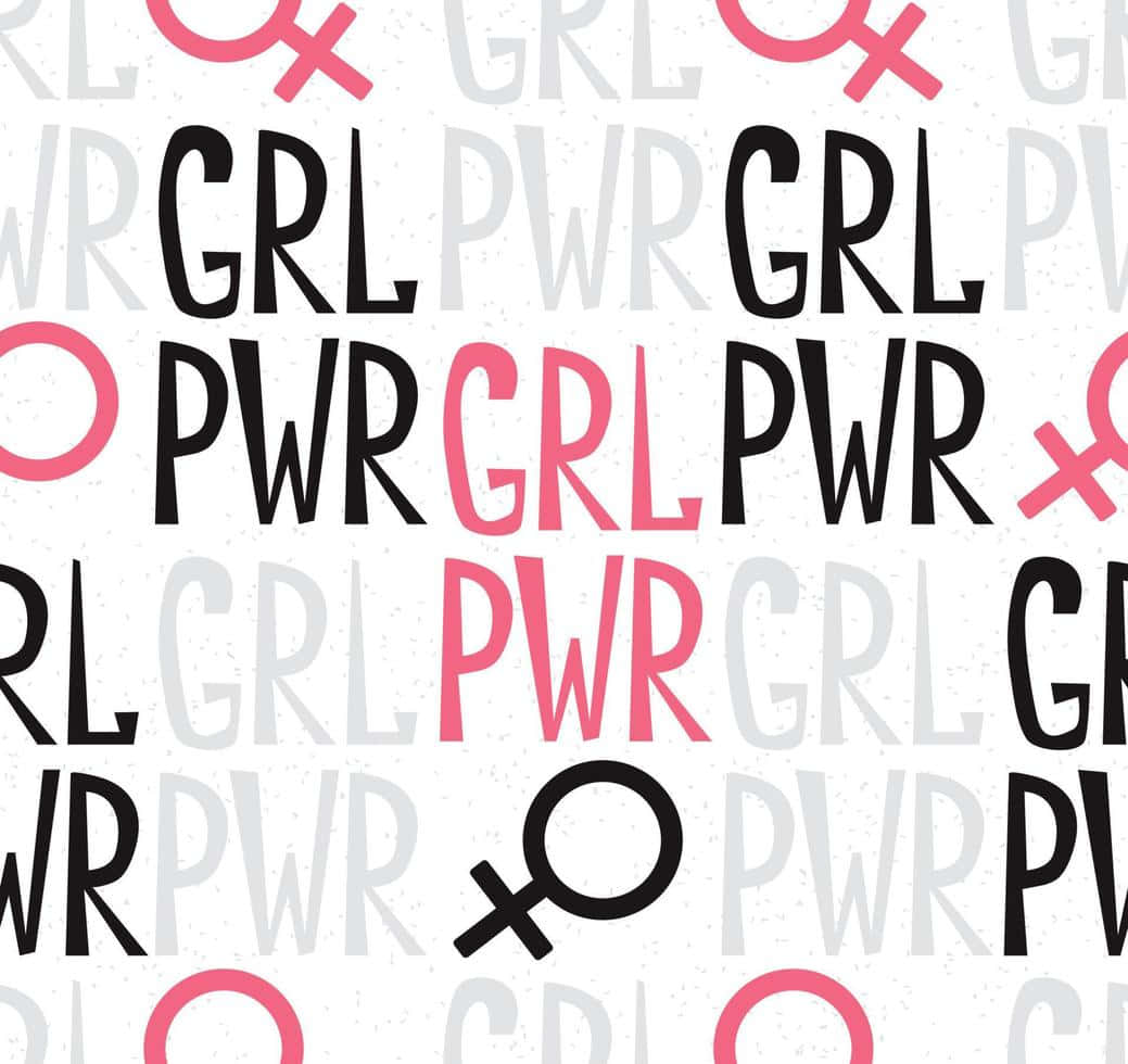  壁紙 — 在斑點白色背景上重複的粗體粉紅色和黑色 'GRL PWR' 文字及女性符號。