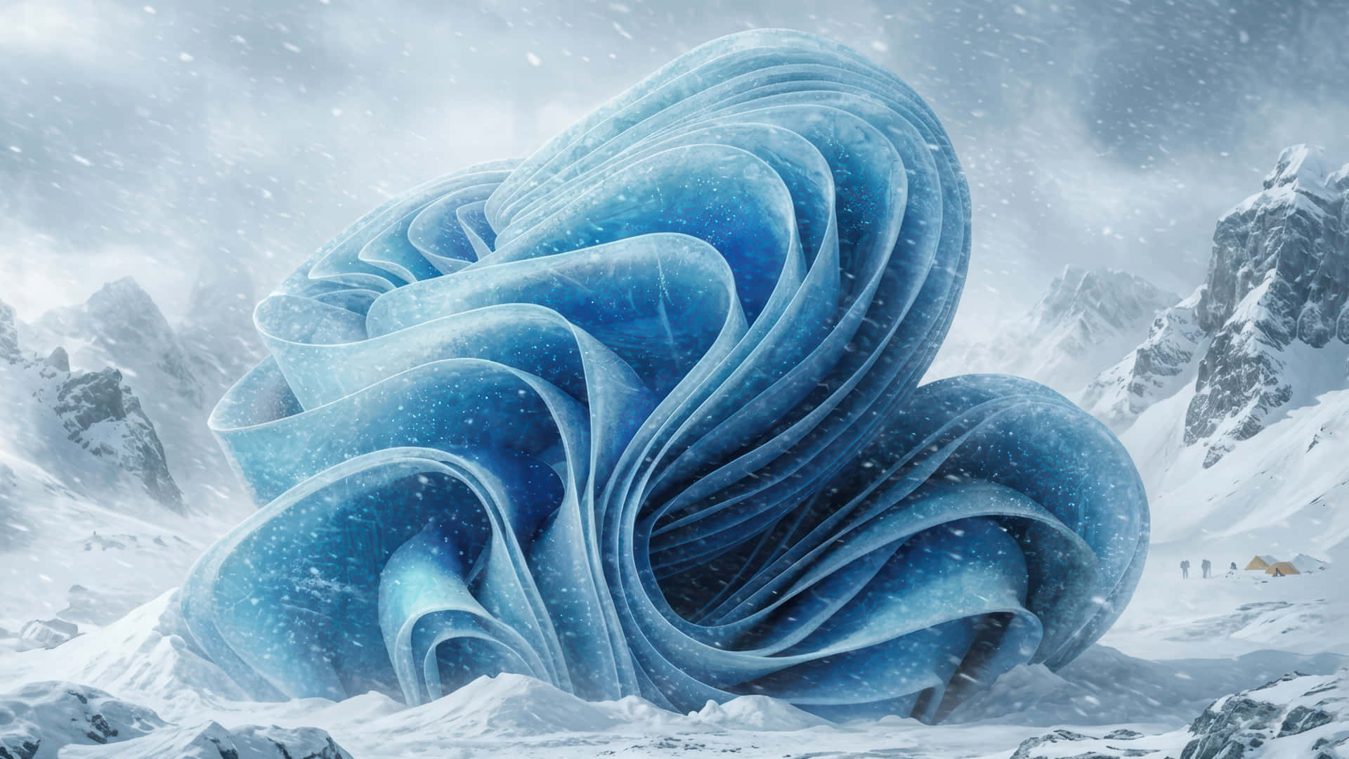 暴風雪中雪覆蓋的山景中的一個巨大藍色冰雕。 — Windows 11 壁紙