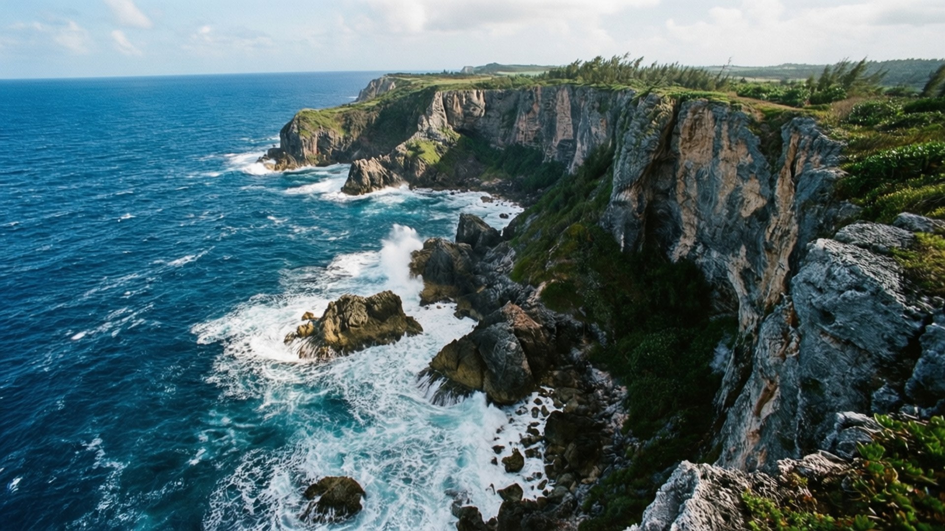 Cliffside Panorama 壁紙 — 在部分多雲的天空下，強烈的藍綠色海浪拍打著覆蓋綠色植被的崎嶇懸崖。
