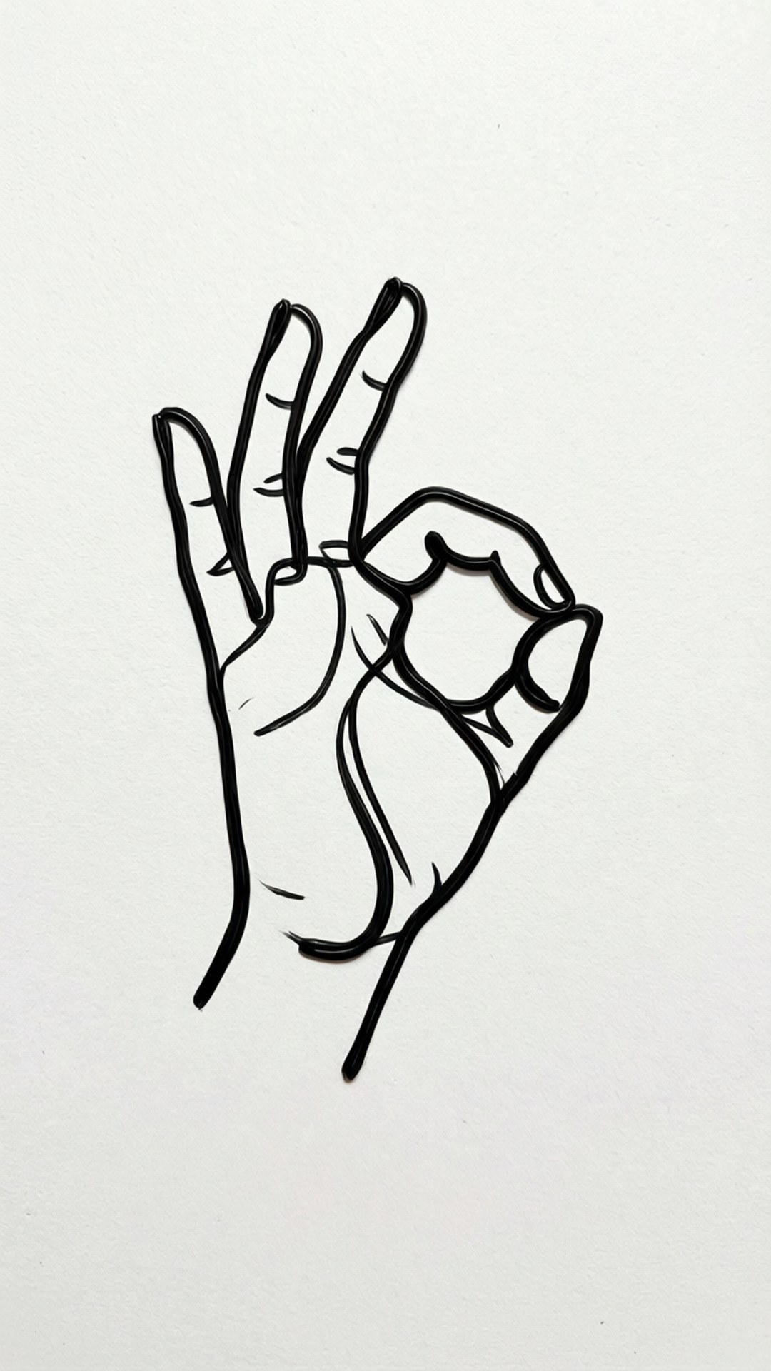 Line Art OK Gesture 壁紙 — 在純白背景上，一隻手做出「OK」手勢的極簡黑色線條畫。