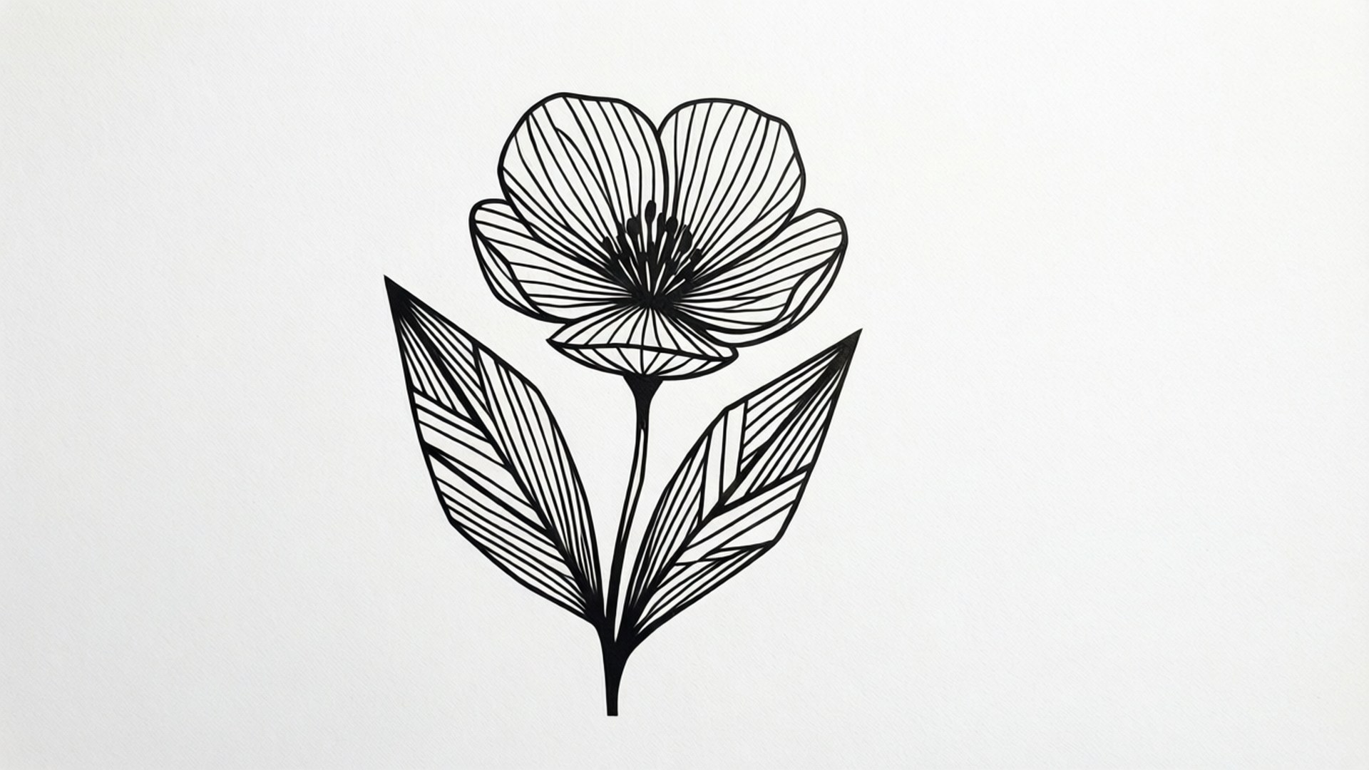 Line Art Birthday Bloom 壁紙 — 在純白色背景上，一朵風格化的花朵和兩片葉子的極簡黑色線條畫。