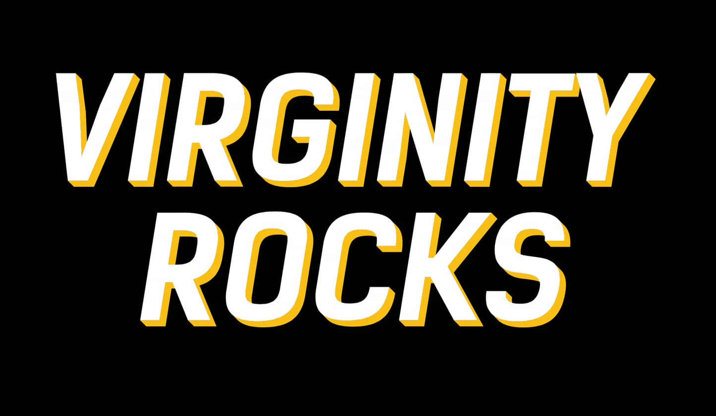  壁紙 — 在純黑色背景上，大膽的白色和黃色3D文字顯示virginity rocks。