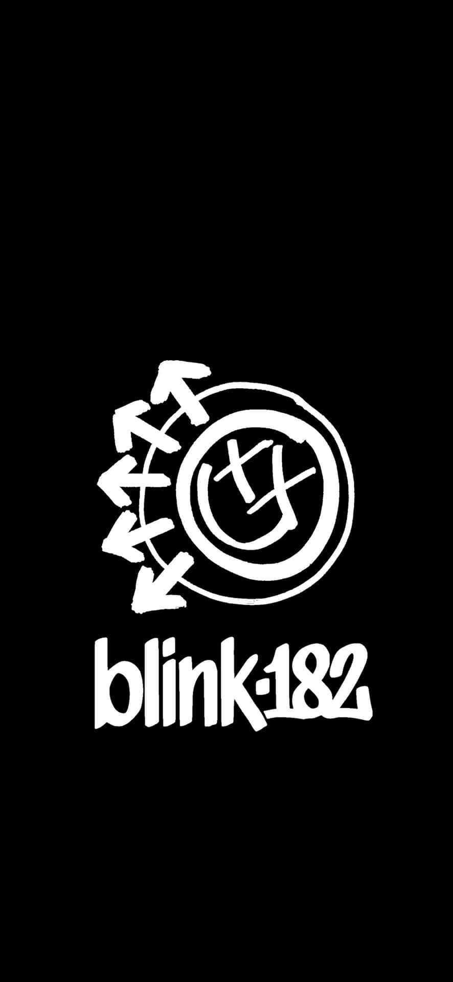  壁紙 — 在純黑色背景上，帶有箭頭和笑臉的大膽白色 Blink-182 標誌。
