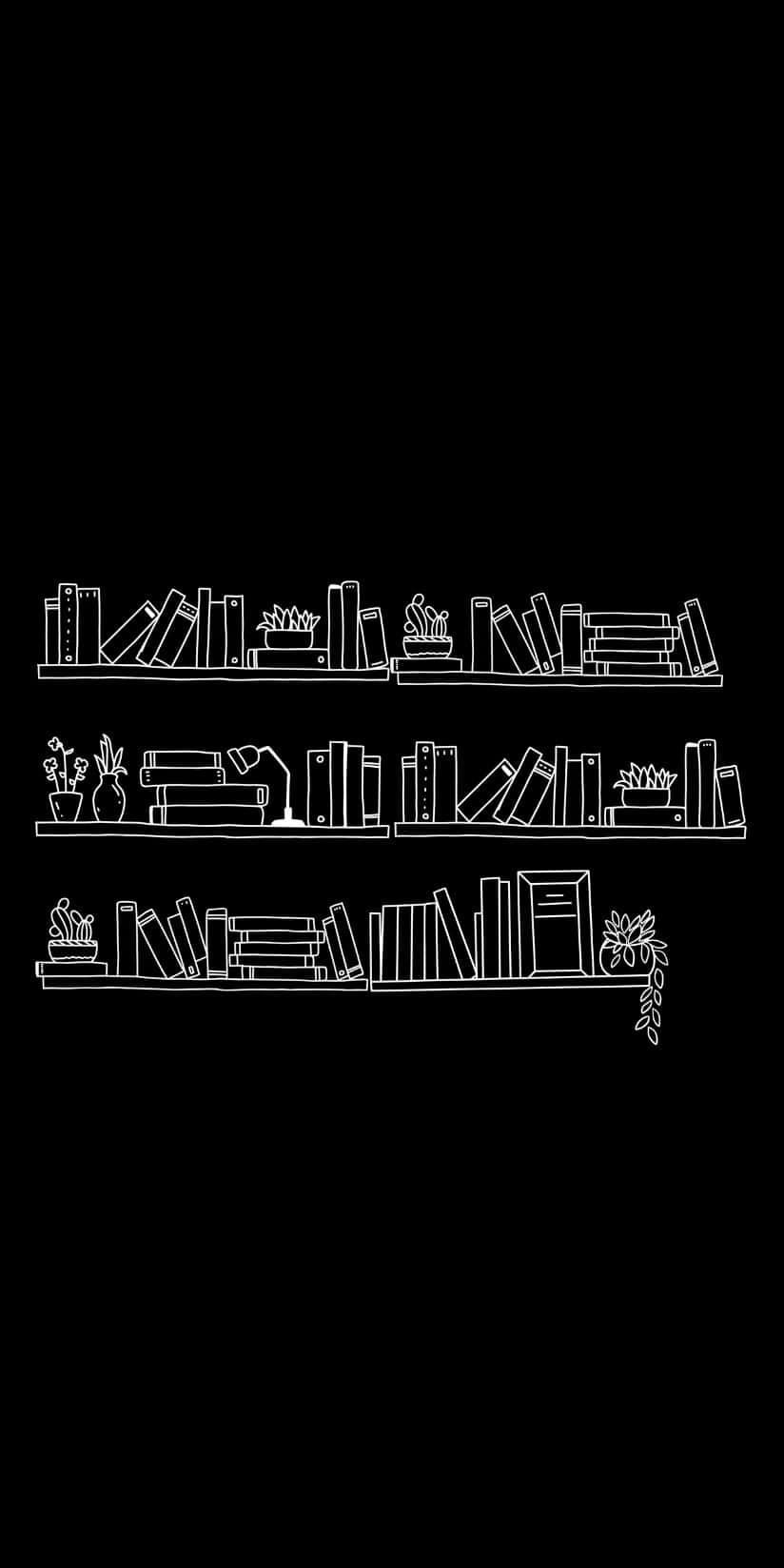  壁紙 — 在純黑色背景上，三個裝滿書籍和小植物的書架的極簡白色線條畫。