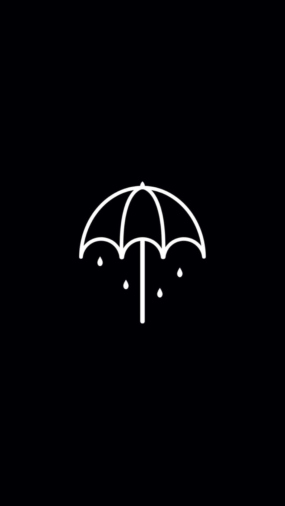  壁紙 — 在純黑色背景上，一把打開的雨傘和落下的雨滴的極簡白色線條畫。
