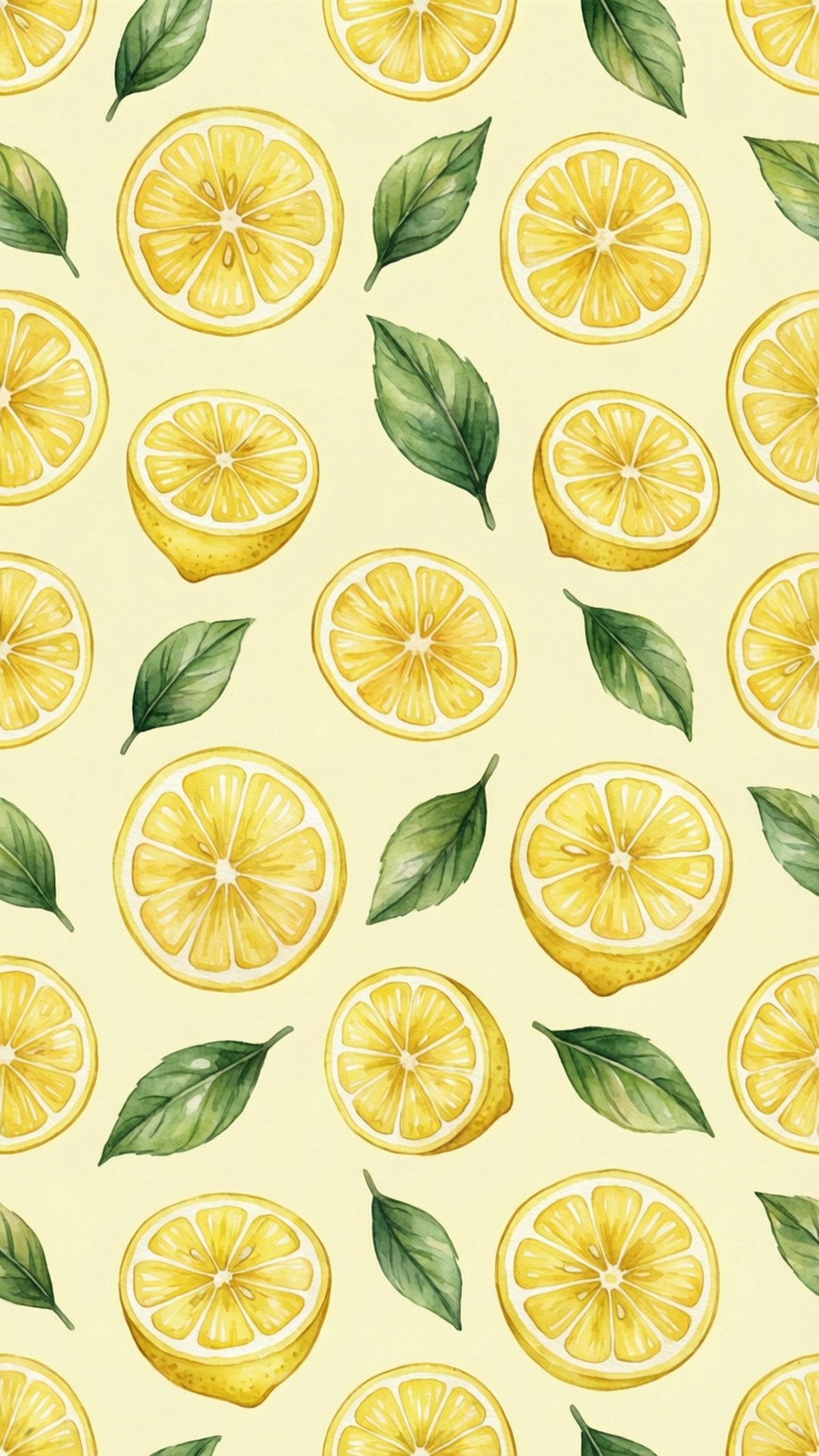 Lemon Pattern Aesthetic 壁紙 — 在淡黃色背景上，帶有切片檸檬和綠葉的歡快水彩圖案。