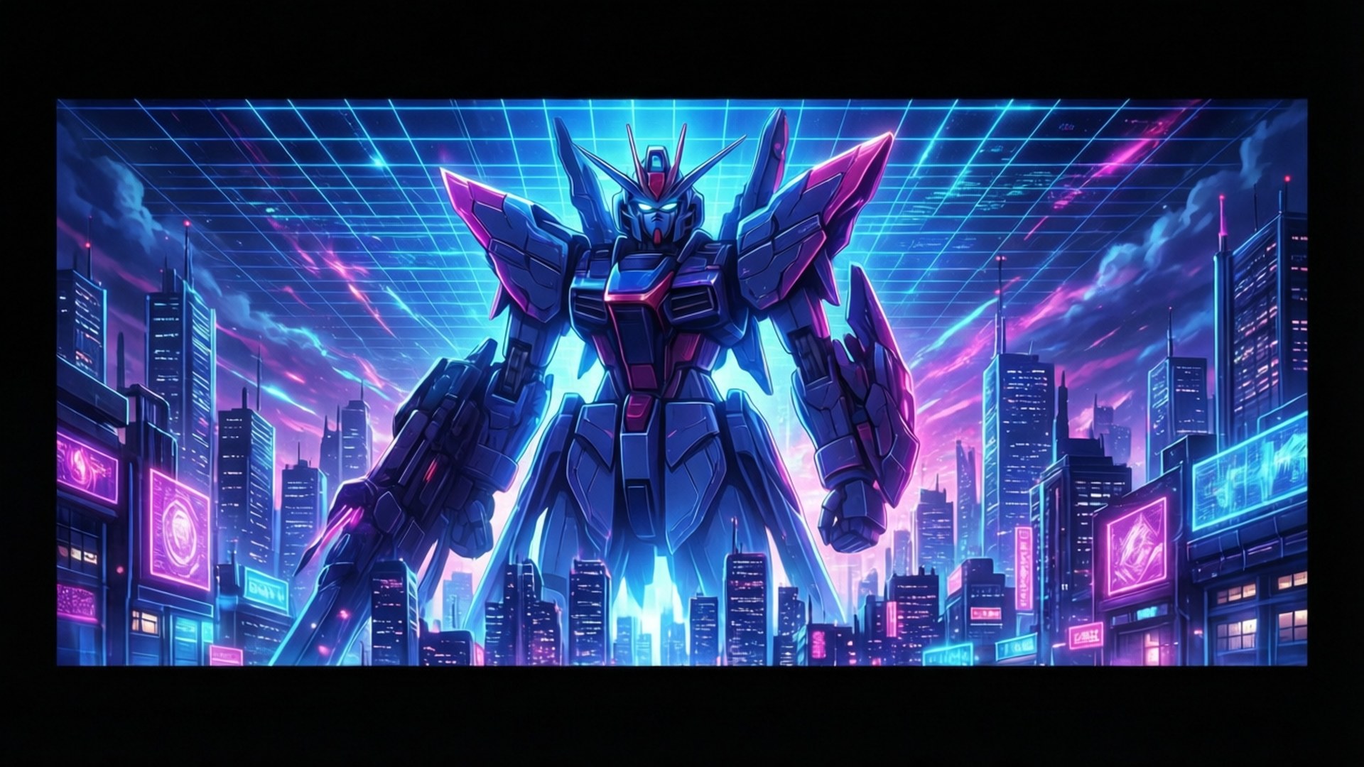 Anime YouTube Banner 桌布 壁紙 — 在發光的網格天空下，一座高聳的藍粉配色機甲英雄般地矗立於霓虹閃爍的賽博龐克城市景觀中。
