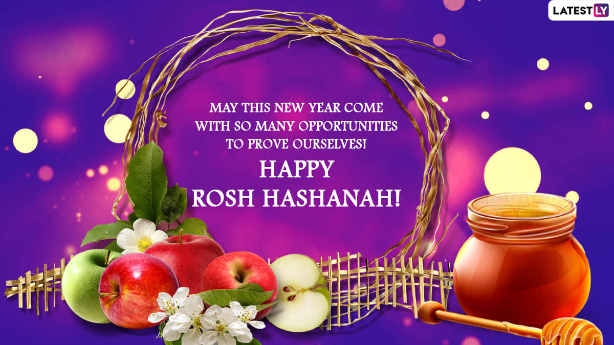 Happy Rosh Hashana 桌布 壁紙 — 在發光的紫色背景上，一個帶有蘋果、蜂蜜和編織拱門的節日猶太新年問候。