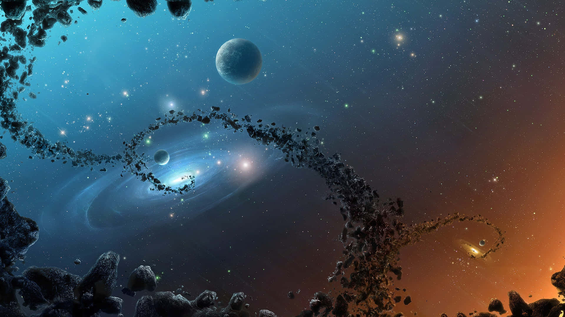  壁紙 — 在繁星點點的夜空下，一個宇宙螺旋星系在漂浮的小行星和遙遠行星之間發出藍色和橙色的光芒。