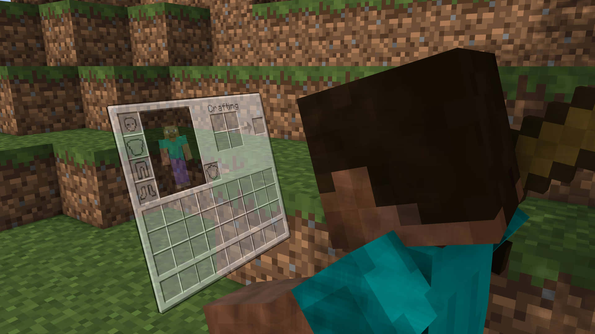 Minecraft玩家在草地地形上打開合成選單 — 我的世界 鑽石 壁紙