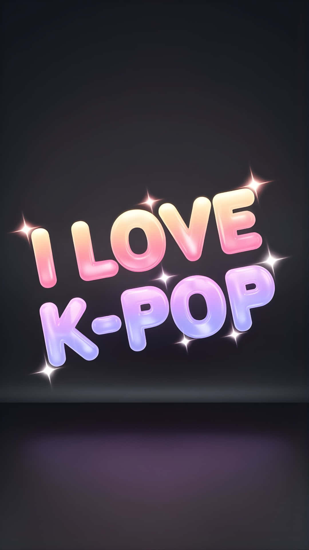  壁紙 — 在黑暗背景上，帶有發光星星的閃亮漸變文字顯示 I LOVE K-POP。