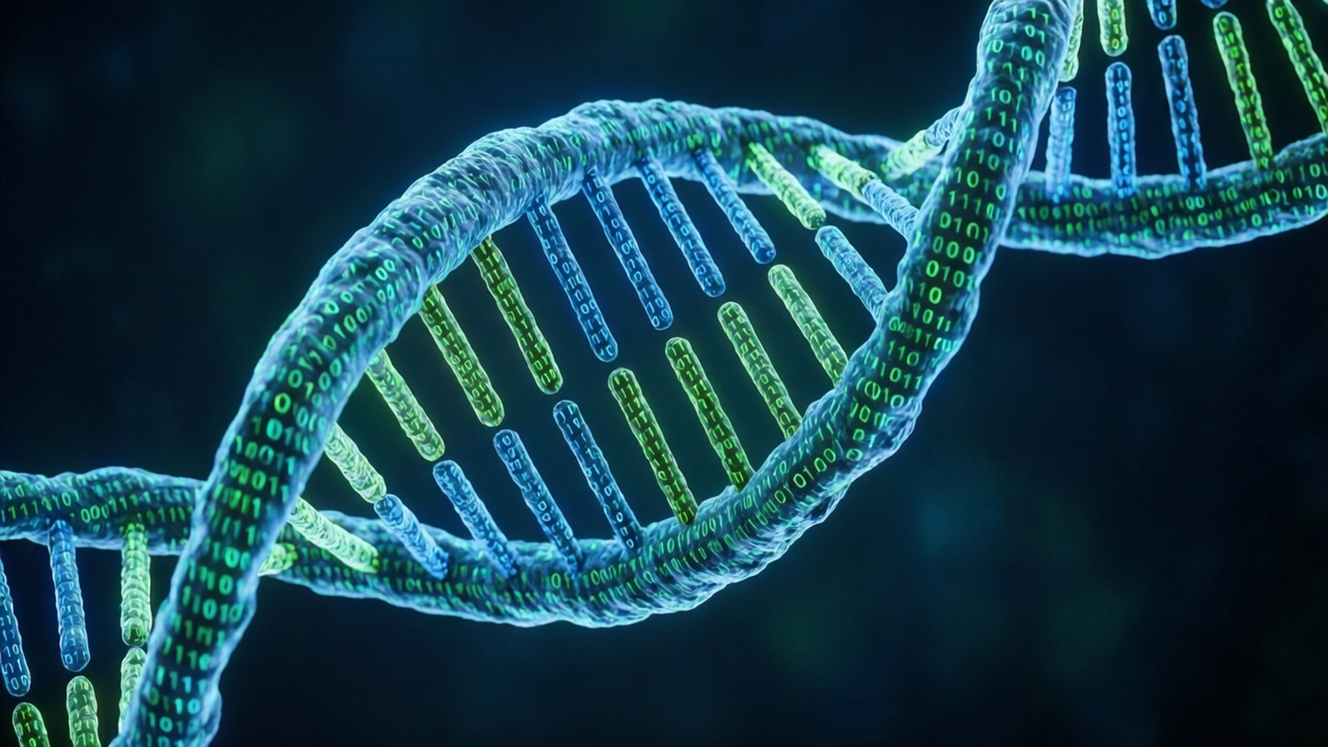 DNA Code Helix 壁紙 — 在黑暗背景上，發光的藍色和綠色DNA雙螺旋，二進制代碼沿其鏈條流動。
