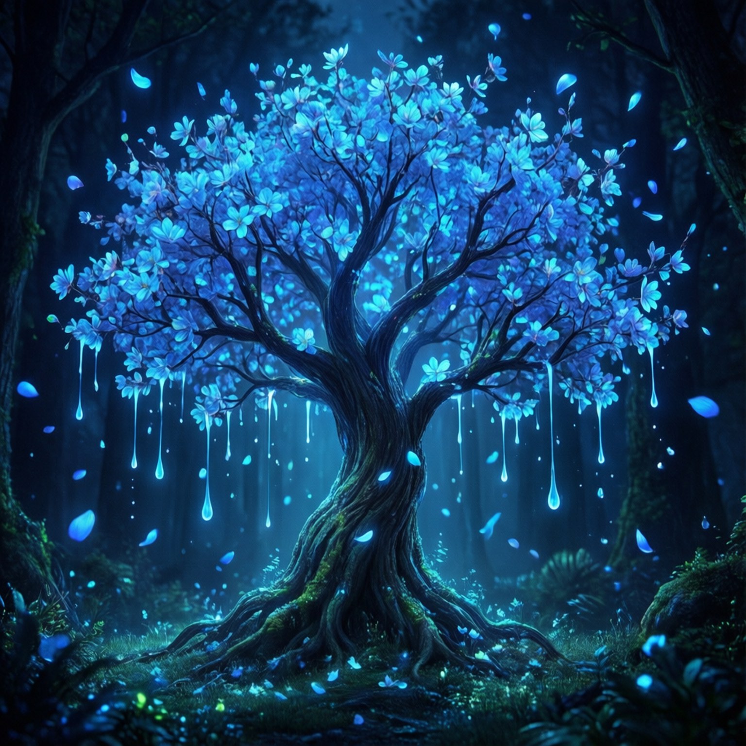 叢林奇航 桌布 壁紙 — 在黑暗魔法森林中，一棵神秘的藍色發光樹散發著發光的花瓣和水滴。