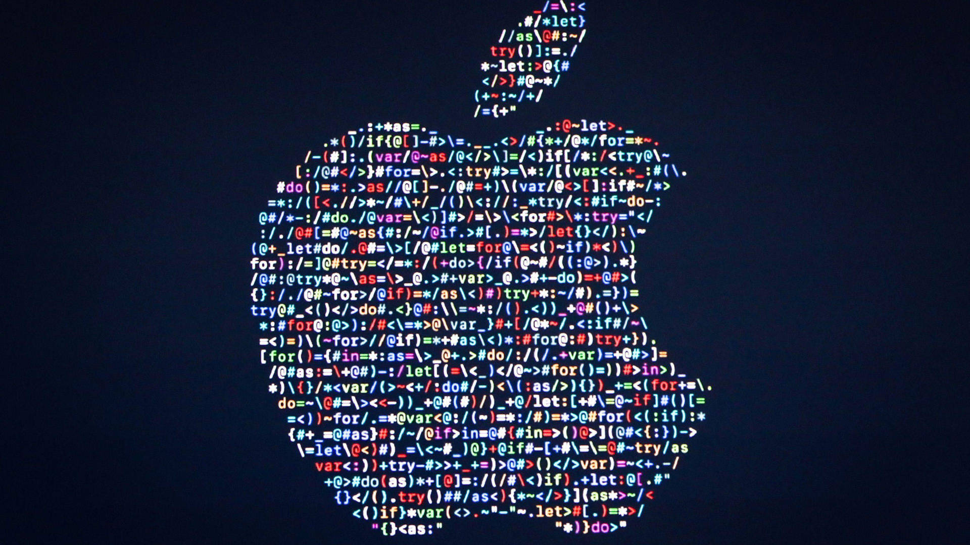 由彩色程式碼在深色背景上製成的Apple標誌 — 4K 壁紙