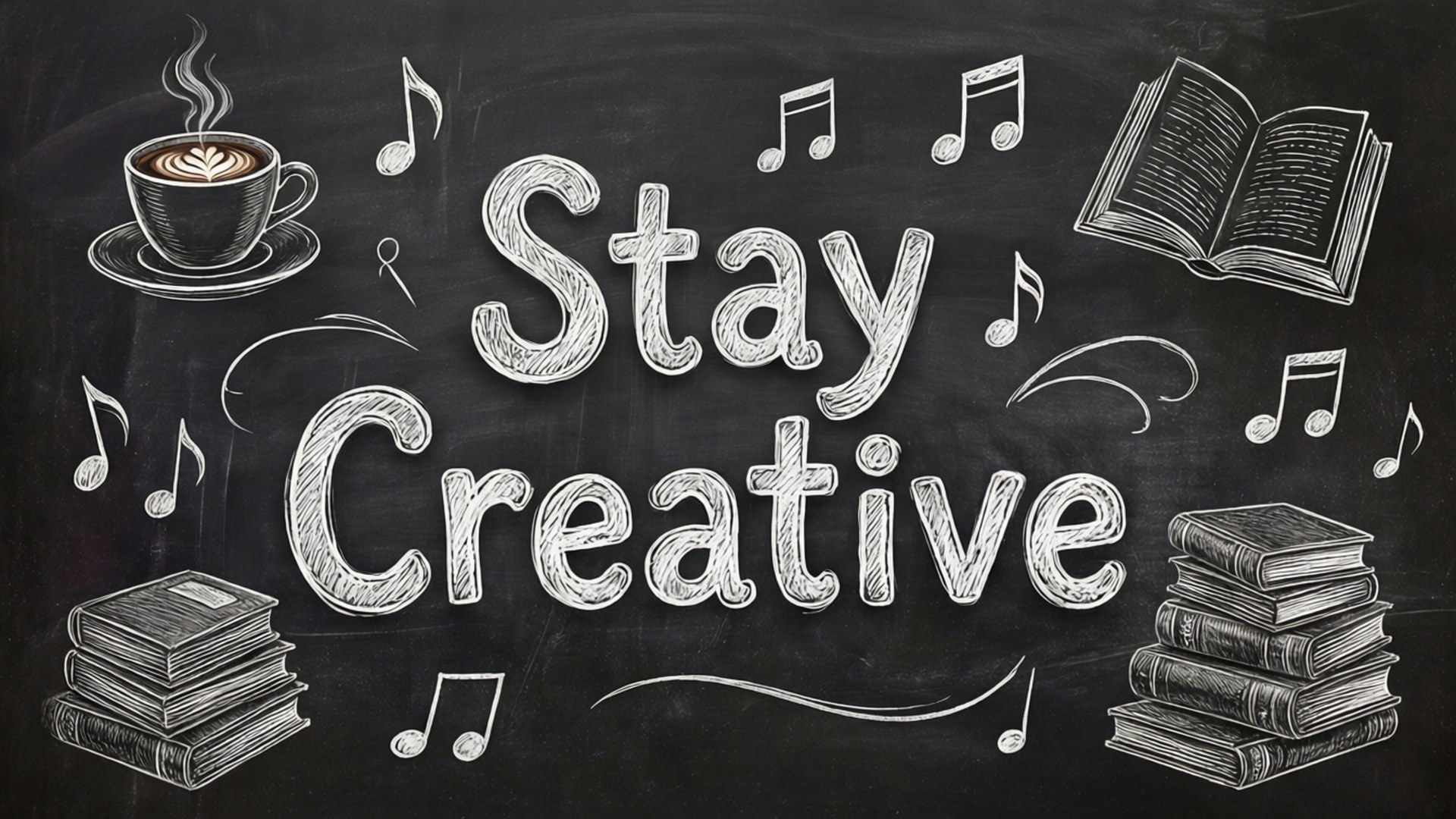 Canva 桌布 壁紙 — 在黑板上用粉筆畫的「Stay Creative」，周圍有咖啡書和音符。