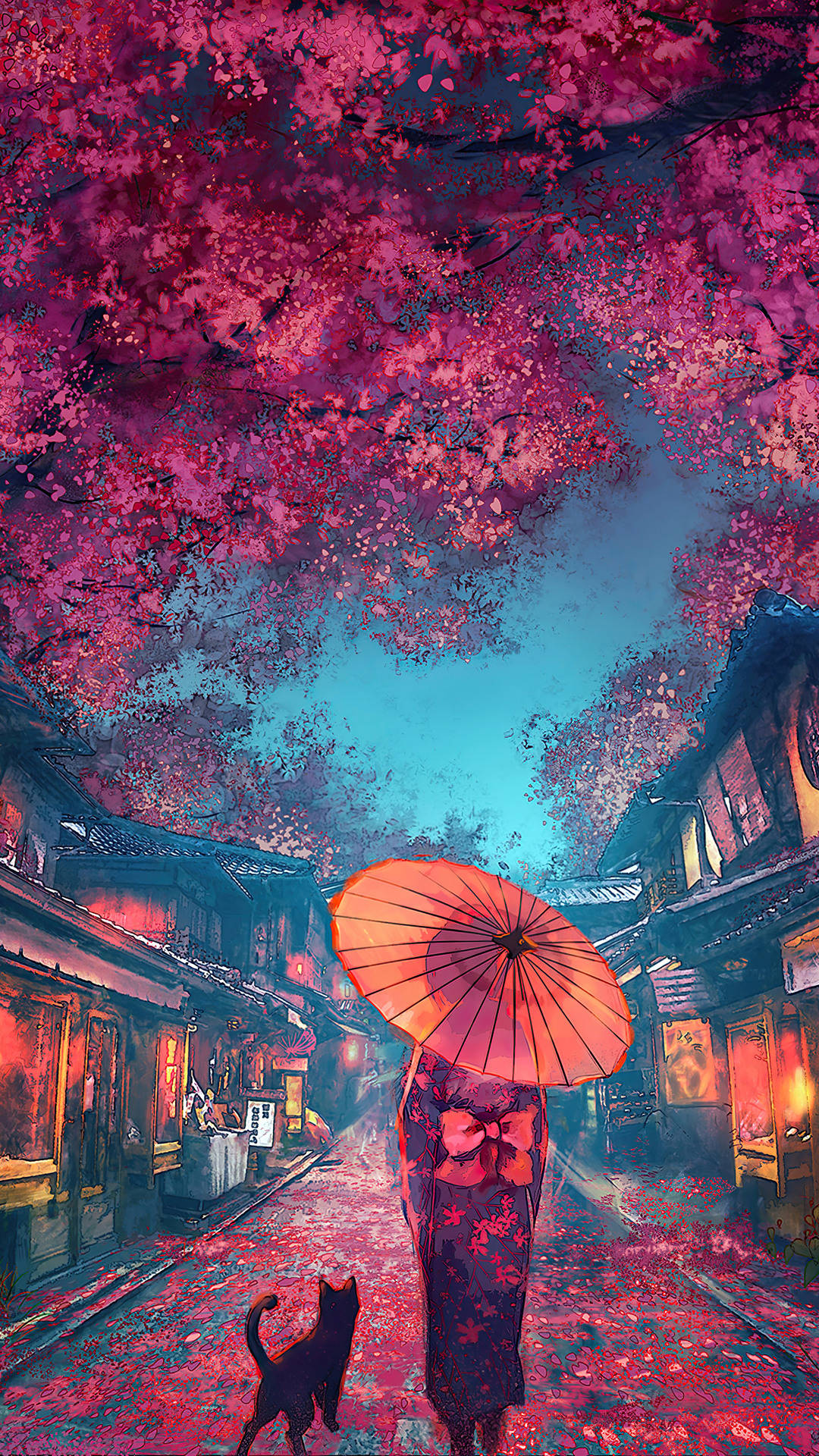 一個人撐著紅傘，帶著黑貓，在黃昏的日本街道上走在粉紅色櫻花下。 — 日式美學 iPhone 壁紙 壁紙