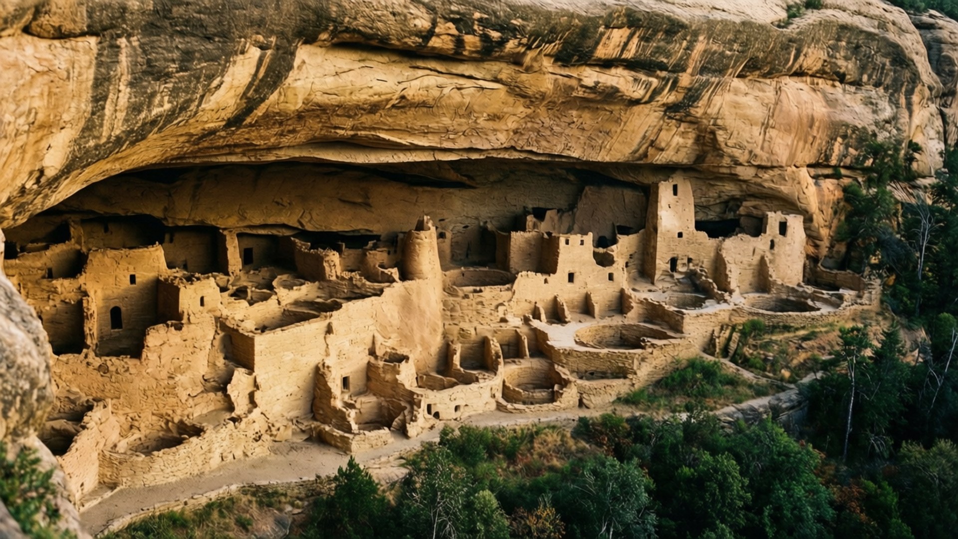 Mesa Verde Cliff Homes 壁紙 — 在巨大懸垂岩層下的金色砂岩中雕刻的古代懸崖住所。
