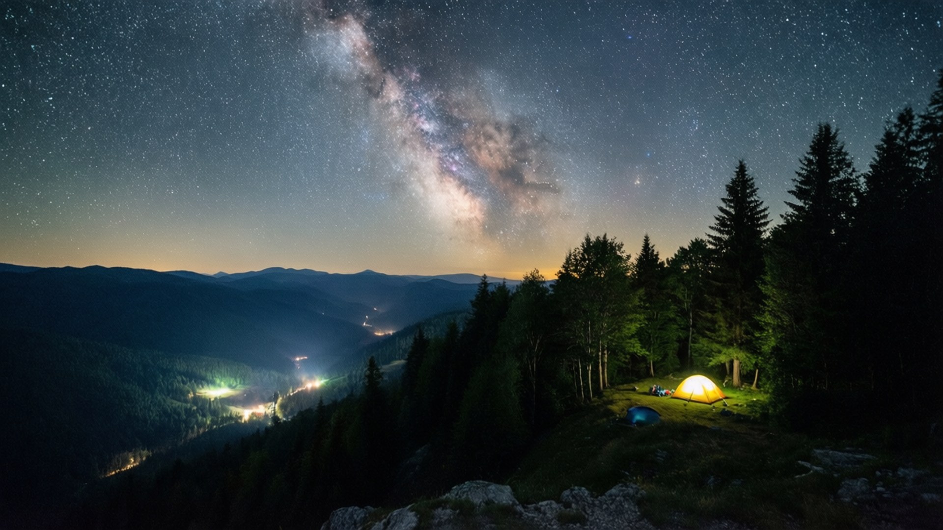 Outlook 桌布 壁紙 — 在令人驚嘆的星空下，一頂發光的黃色帳篷 nestled 在黑暗的松樹之間，銀河在頭頂拱起。