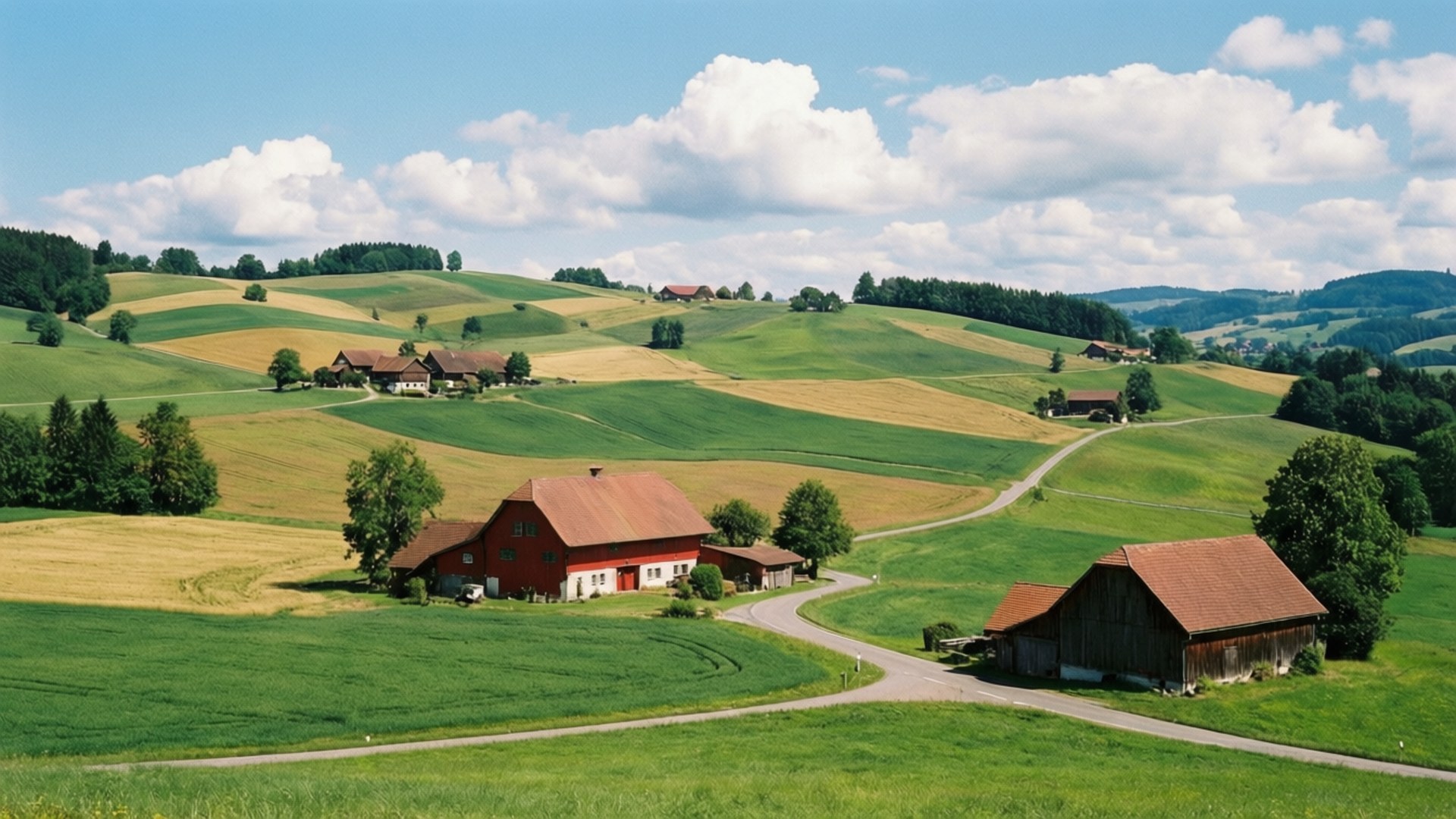 瑞士 桌布 壁紙 — 在明亮的藍天和蓬鬆的白雲下，點綴著紅頂農舍的起伏綠色山丘。