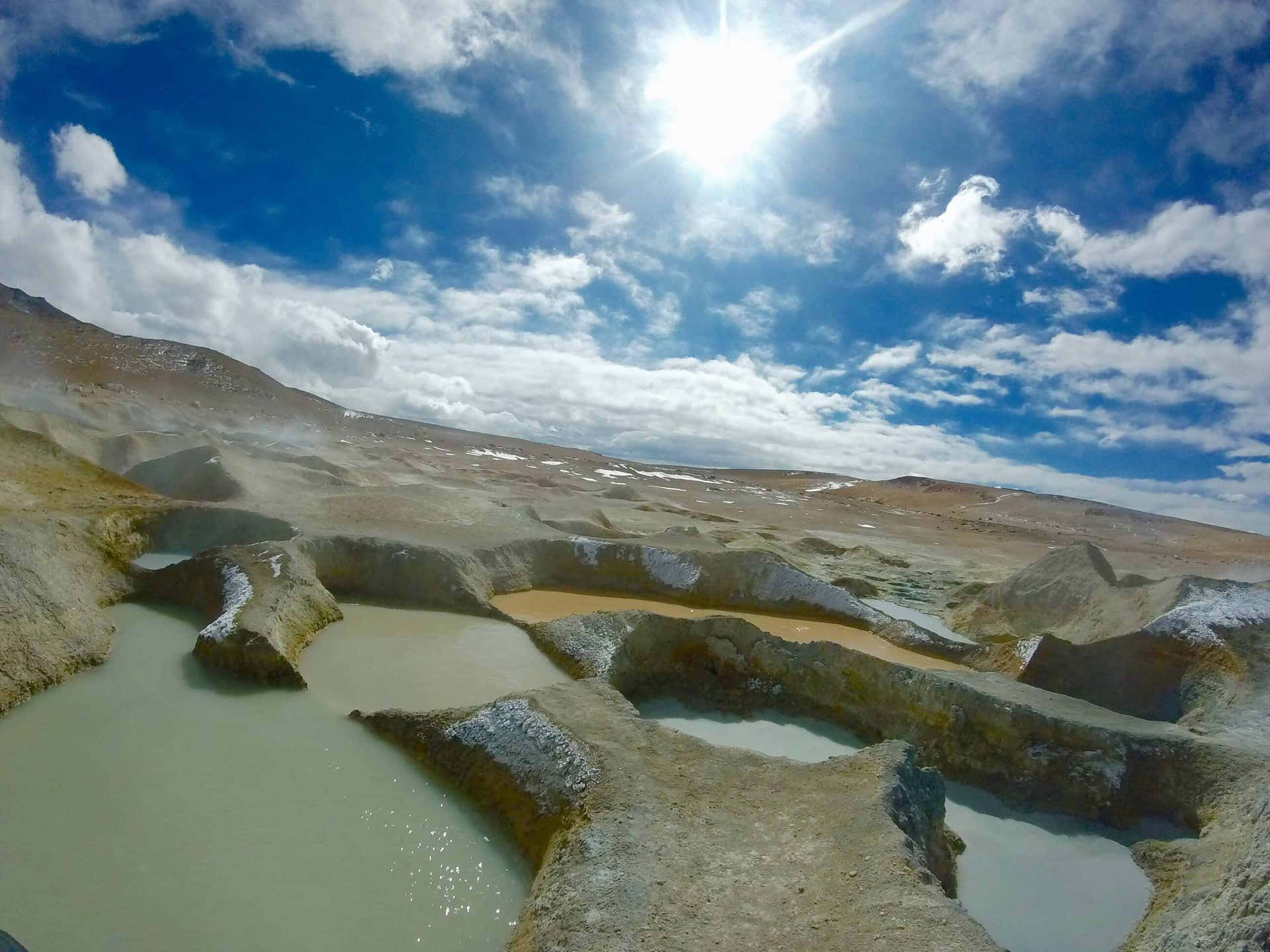  壁紙 — 在明亮的陽光和散落的雲朵下，崎嶇的火山地形中藏著滿溢的地熱池。