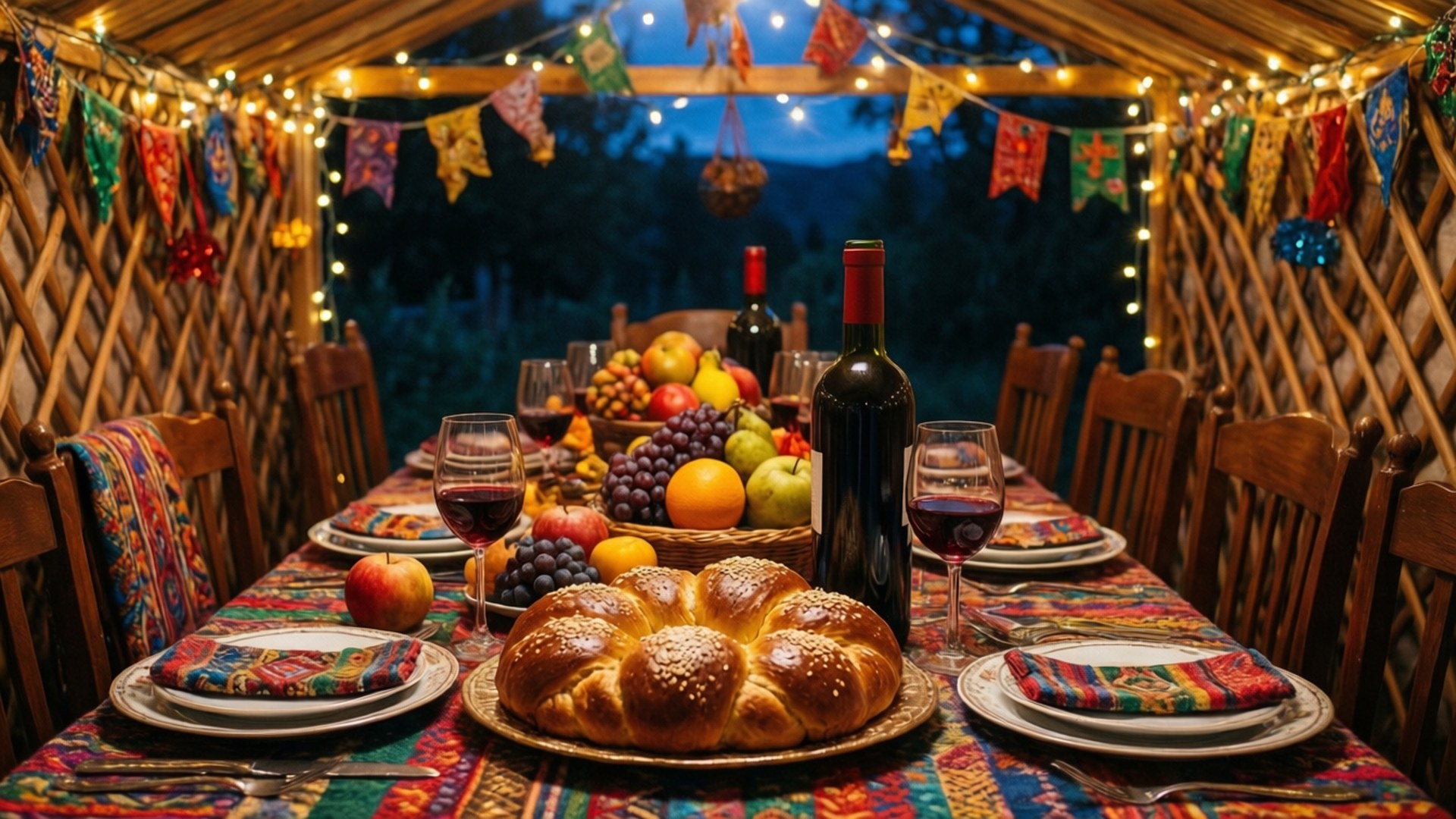 Hoshana Rabbah 桌布 壁紙 — 在暮色中，一個溫暖照明的蒙古包餐桌，擺放著色彩繽紛的紡織品、葡萄酒和水果，下方有串燈。